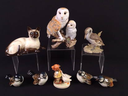 8 Figurines incl Goebel: Includes 4 Goebel birds, Hummel 47 3/0, Shafford goose, Maruri Barn Owls, and Royal Doulton cat. 2-1/2" to 6-3/4" high.