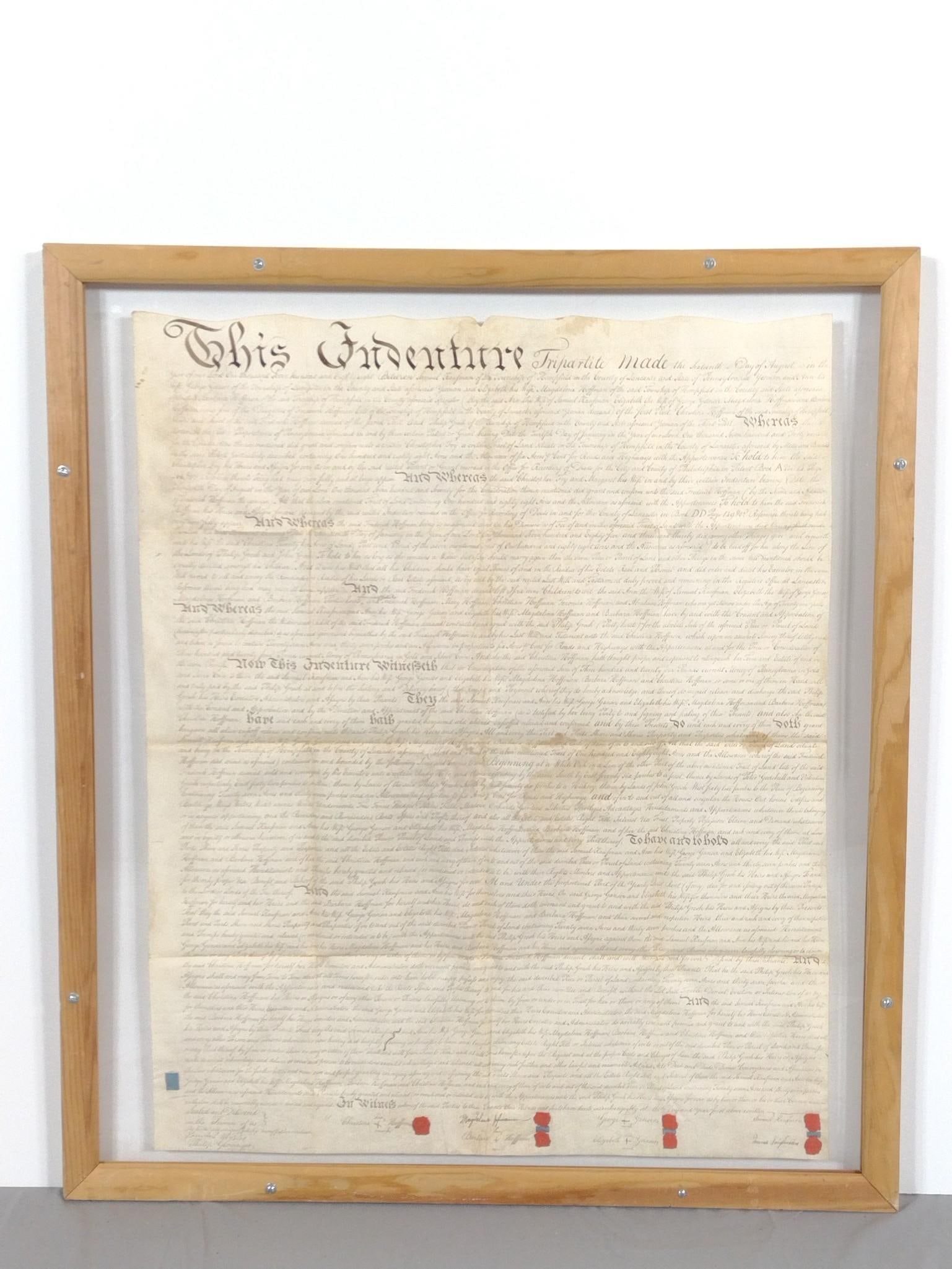 1788 Framed Lancaster Deed: NOT ELIGIBLE FOR IN-HOUSE SHIPPING. Deed 32" high X 25-1/2" wide. Frame 36" high x 32" wide. It is dated the 16th of August 1788. Signatures include George Jansen, Barbara Hoffman, Christina Hoffman a