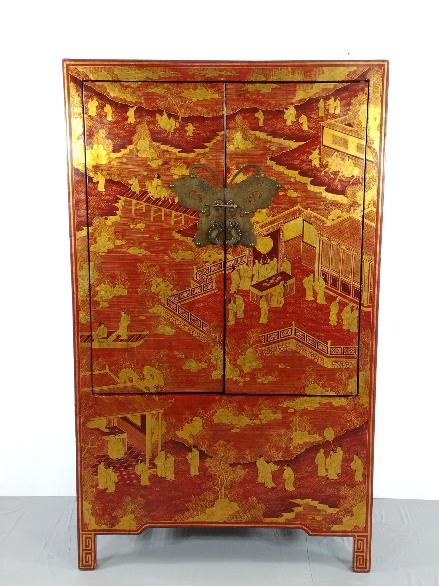 Asian Painted Wardrobe with Butterfly and Fish Form Hardware (1 of 8)