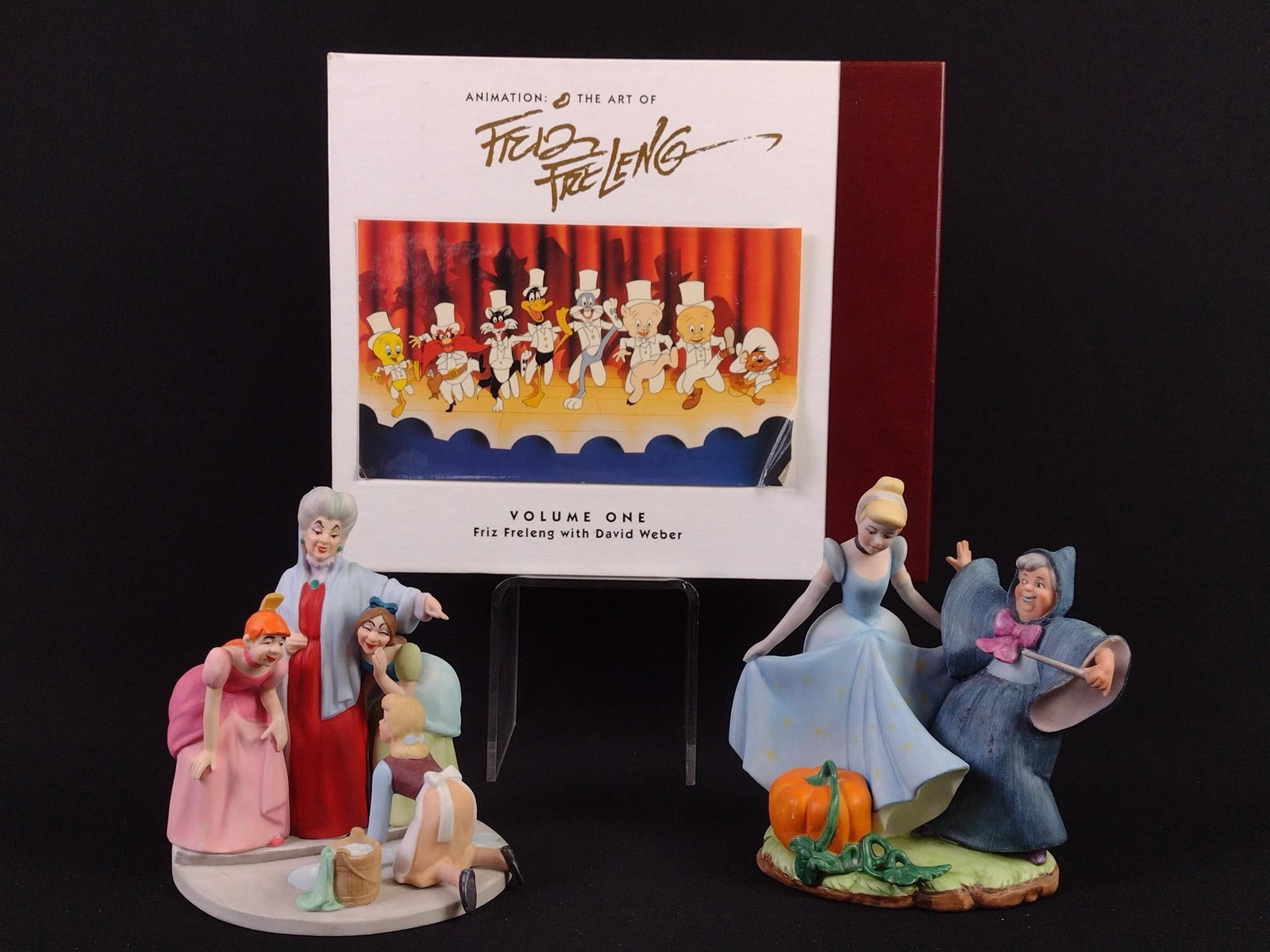 F. Freleng Art Book & 2 Disney Collection Ceramics: Disney Collection 6" to 6-1/2" high. One has some paint loss on back.