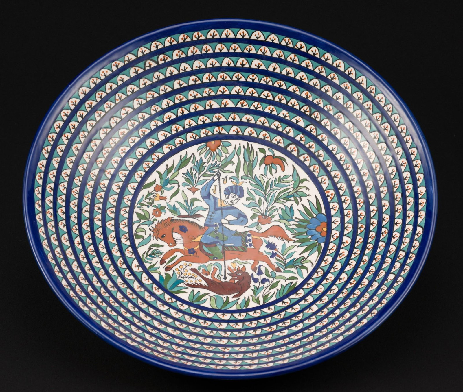 Sandrouni Armenian Ceramic Bowl: 16-1/2" diameter x 4-1/2" high. Repair at edge.