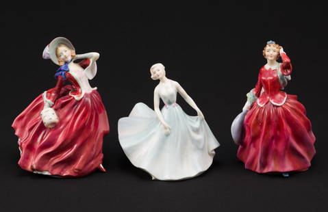 3 Royal Doulton Figurines Incl "Pirouette": Also includes "Autumn Breeze" & " Blithe Morning". 6" to 7-1/2" high. Crack / repair to muff.