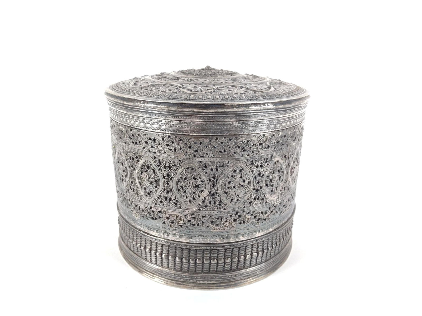 Sweetmeat Box: Ornate Thai Box with Compartments. Top comes off and reveals 5 smaller boxes. Overall: 7-1/2" diameter x 7" high.