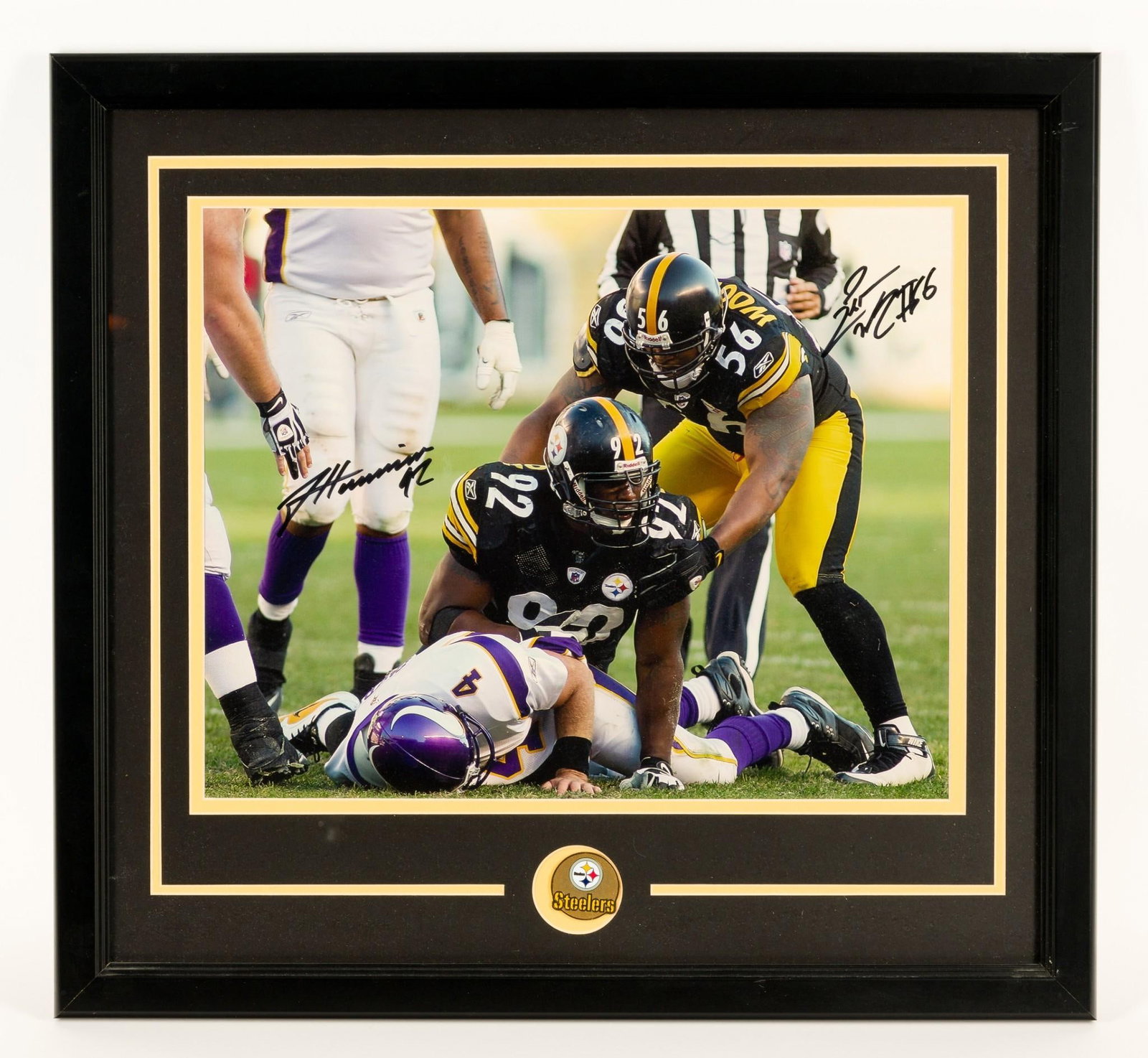 Lamarr Woodley and James Harrison Autographed Steelers Photograph: NOT ELIGIBLE FOR IN-HOUSE SHIPPING. Framed. COA on back. 26-1/4" wide x 24-1/2" high.