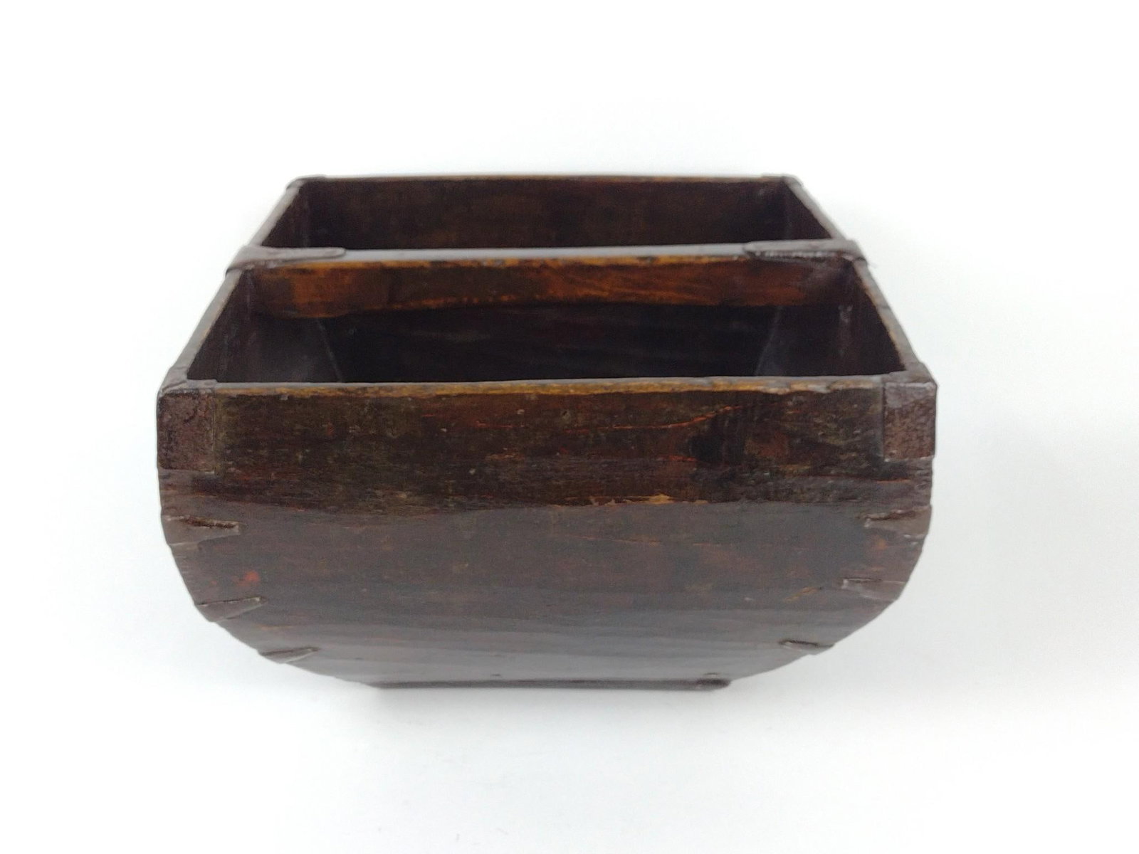 Antique Chinese Wooden Basket: 14" wide X 14" deep X 9" high.