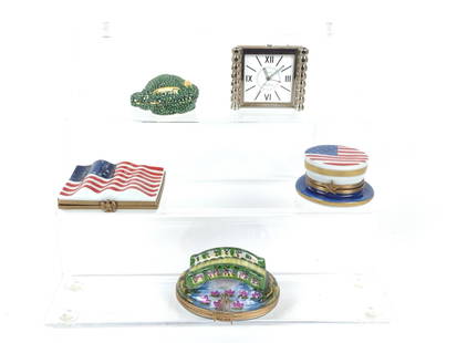 5 Limoges Trinket Boxes and Tiffany & Co Desk Clock: Also includes Judith Leiber turtle trinket box. Clock untested. Requires one 396 battery. Limoges box with bridge has crack under base.