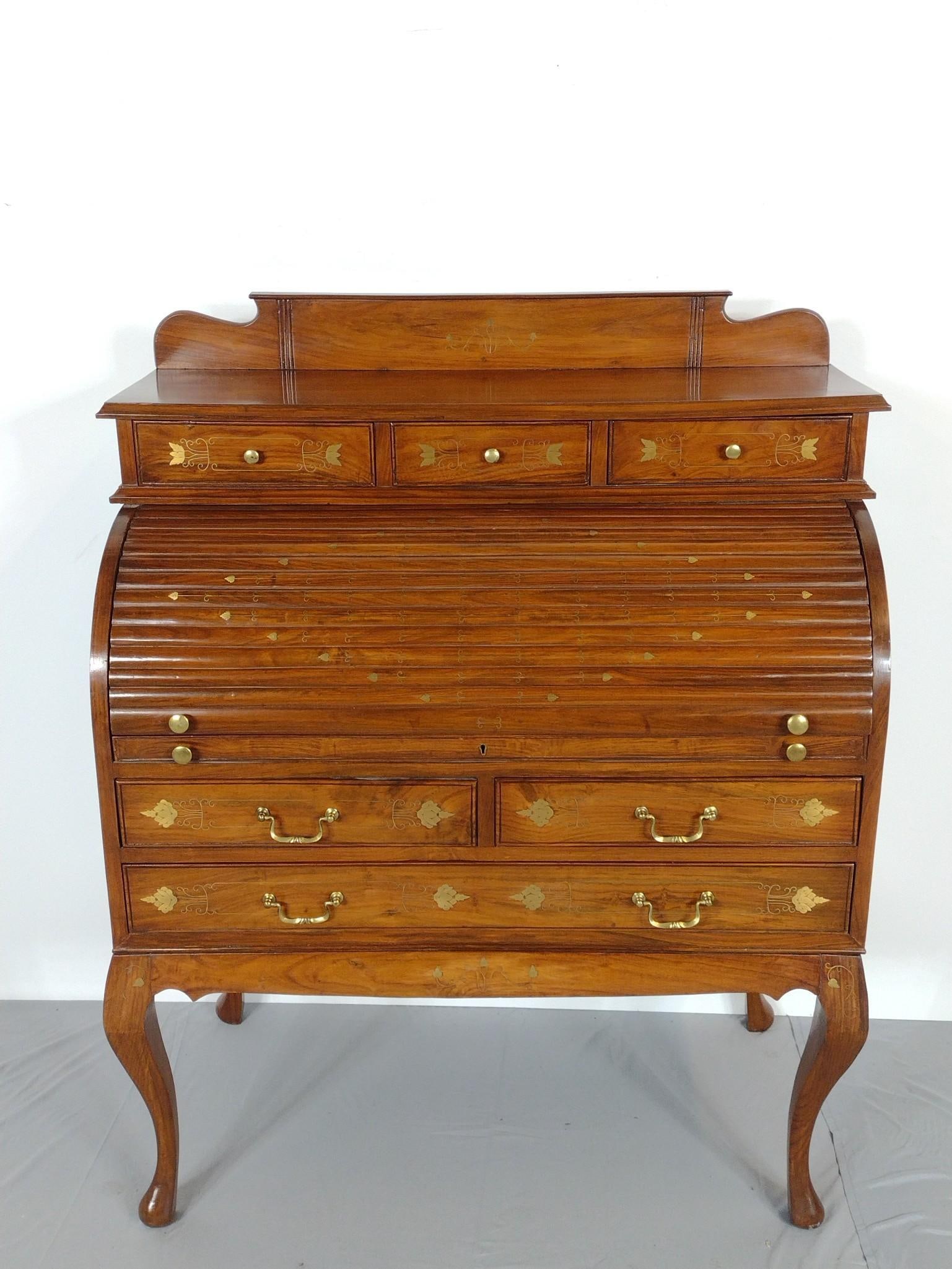 Inlaid Roll Top Desk: NOT ELIGIBLE FOR IN-HOUSE SHIPPING. 39-1/2" wide X 21" deep X 48-1/2" high. Has a few light scratches. Rear leg has some damage.