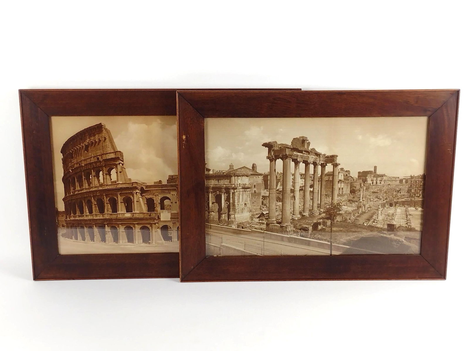 2 European Photograph Prints: Each sight: 13-1/4" high x 20-1/2" wide. Overall with frame: 18-1/4" high x 25-1/2" wide. Some scratches to frames.