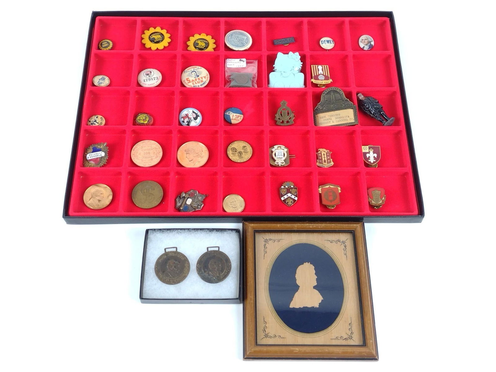 36 Political Pins, Medallions and Silhouette: Also includes Hello Kitty clip.