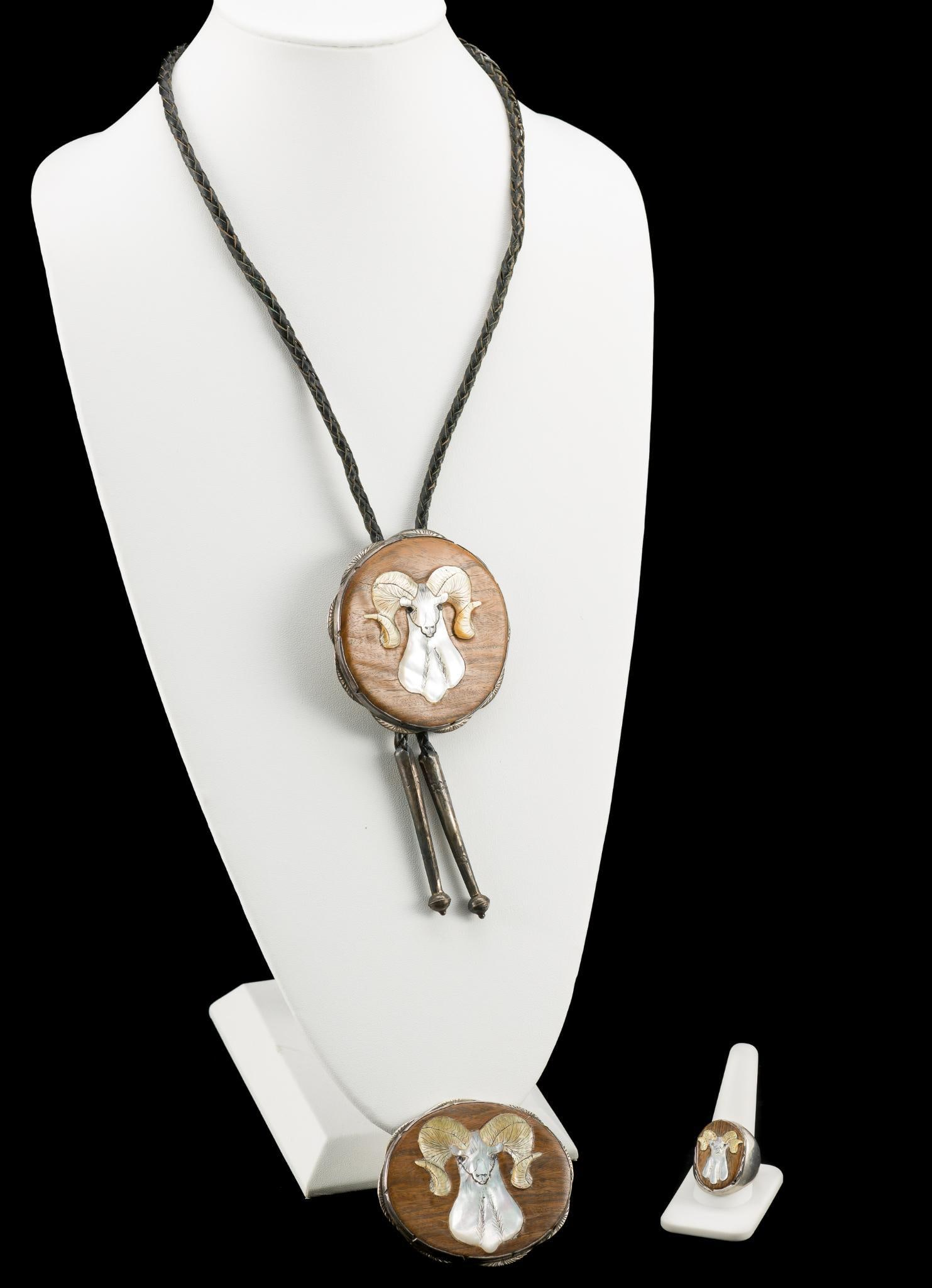 Navajo Sterling Silver Inlaid Bolo, Belt Buckle, and Ring (1 of 8)