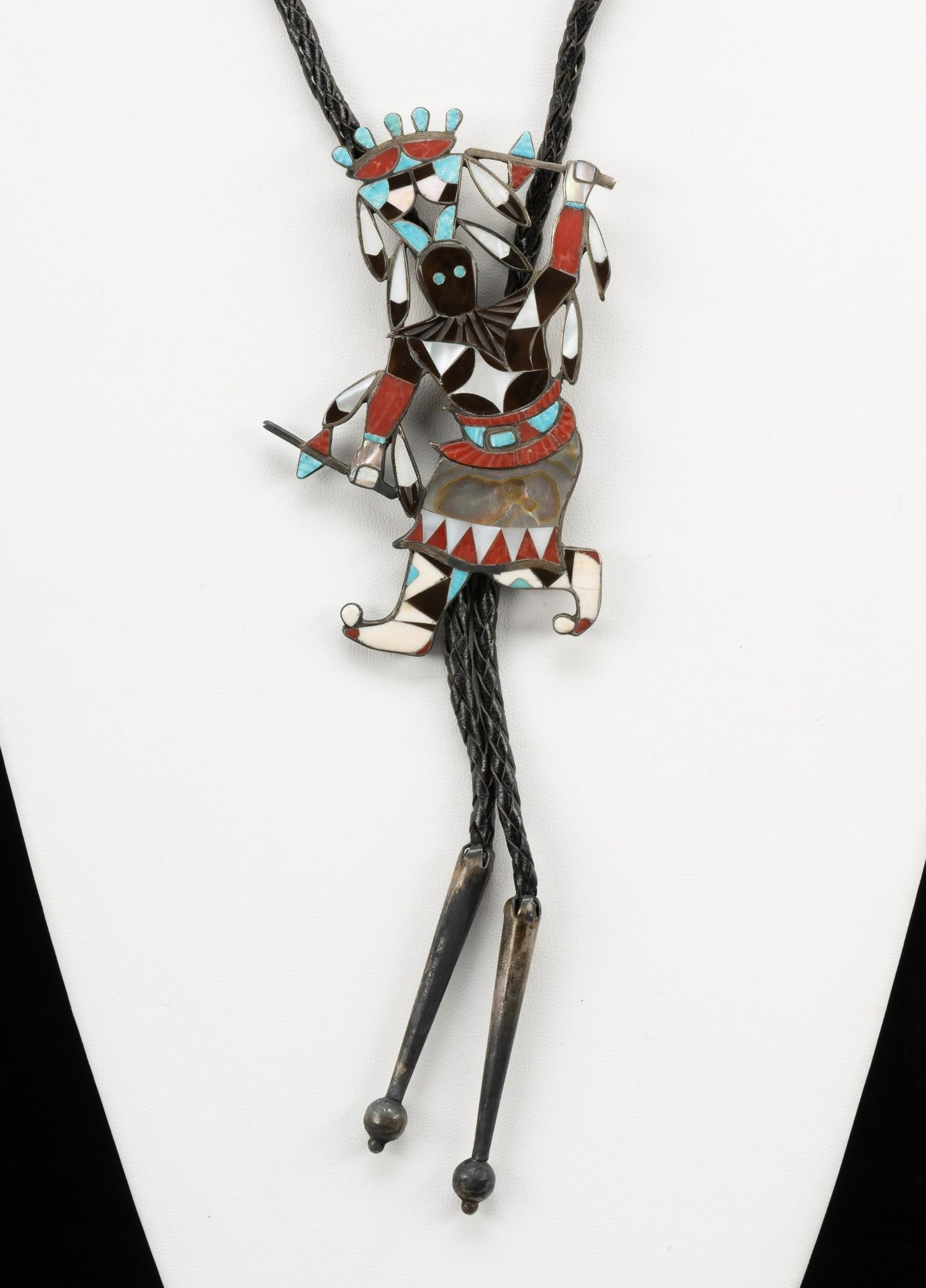 Zuni Sterling Silver Inlaid Crown Dancer Bolo Tie (1 of 5)