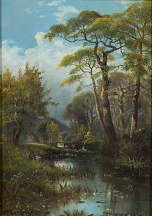 Daniel Charles Grose Oil On Canvas: NOT ELIGIBLE FOR IN-HOUSE SHIPPING. DESCRIPTION: Bridge over tranquil stream 1885. MEASUREMENTS: Sight 9-1/2" x 12-1/2", 20-1/2" x 24-1/2" overall with frame. CONDITION: Painting is unlined and has su