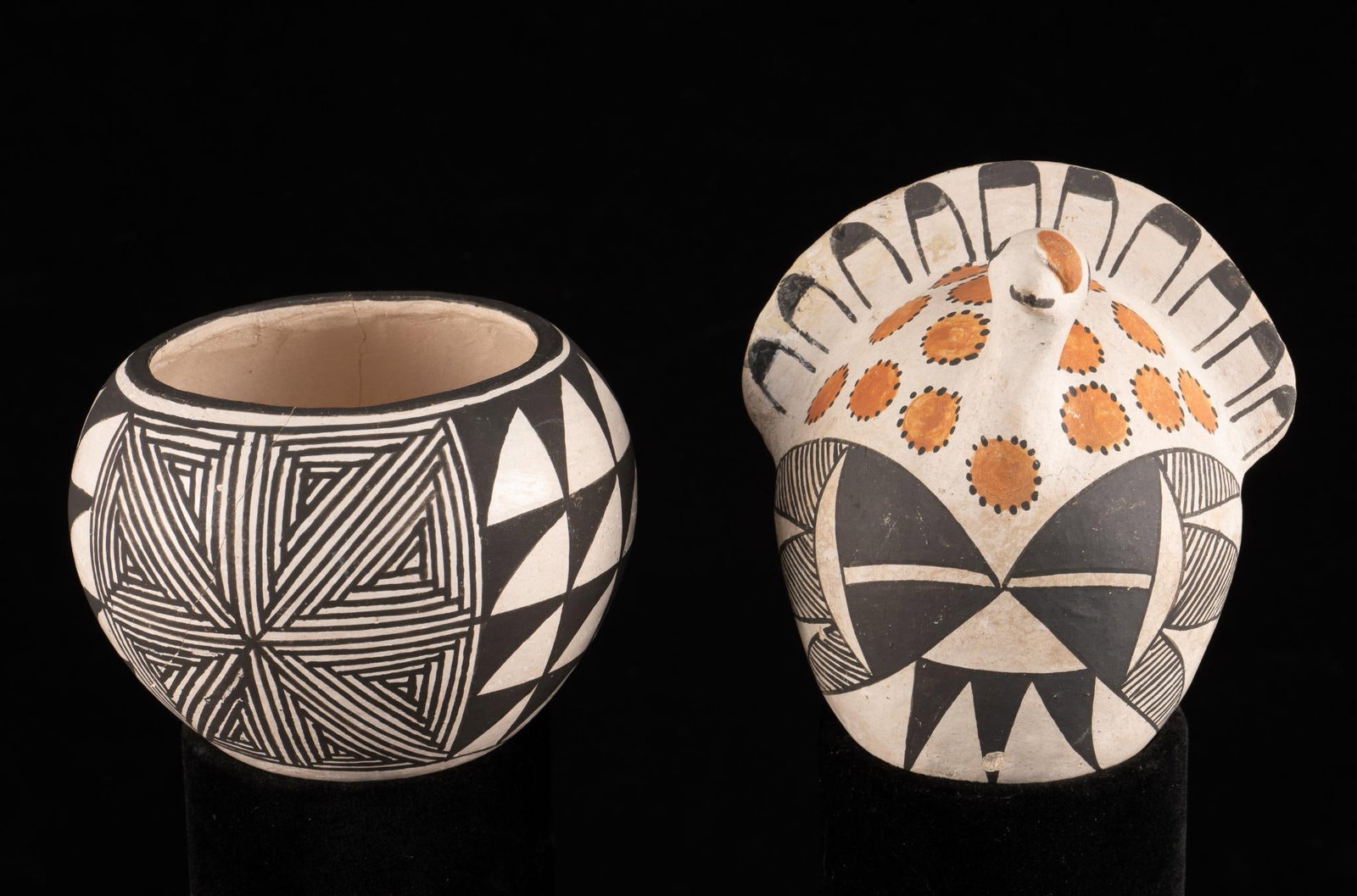 2 Acoma Pueblo Pottery Pieces: DESCRIPTION: Includes unsigned seeder turkey and Doris Concho Patricio bowl. Both marked Acoma N.M. on bottom. MEASUREMENTS: 3-1/2" to 4" wide x 2-1/2" to 3-3/4" high. CONDITION: Small crack on bowl.