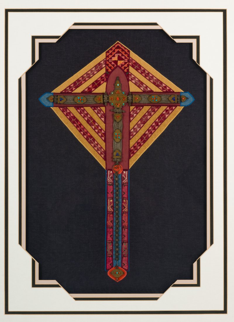 Yemen Sterling Headpiece Framed: NOT ELIGIBLE FOR IN HOUSE SHIPPING. DESCRIPTION: Antique Yemenite headpiece framed. Sterling headpiece attached to a fabric backing. Coral, turquoise, and lapis mounted on headpiece. MEASUREMENTS: Sig