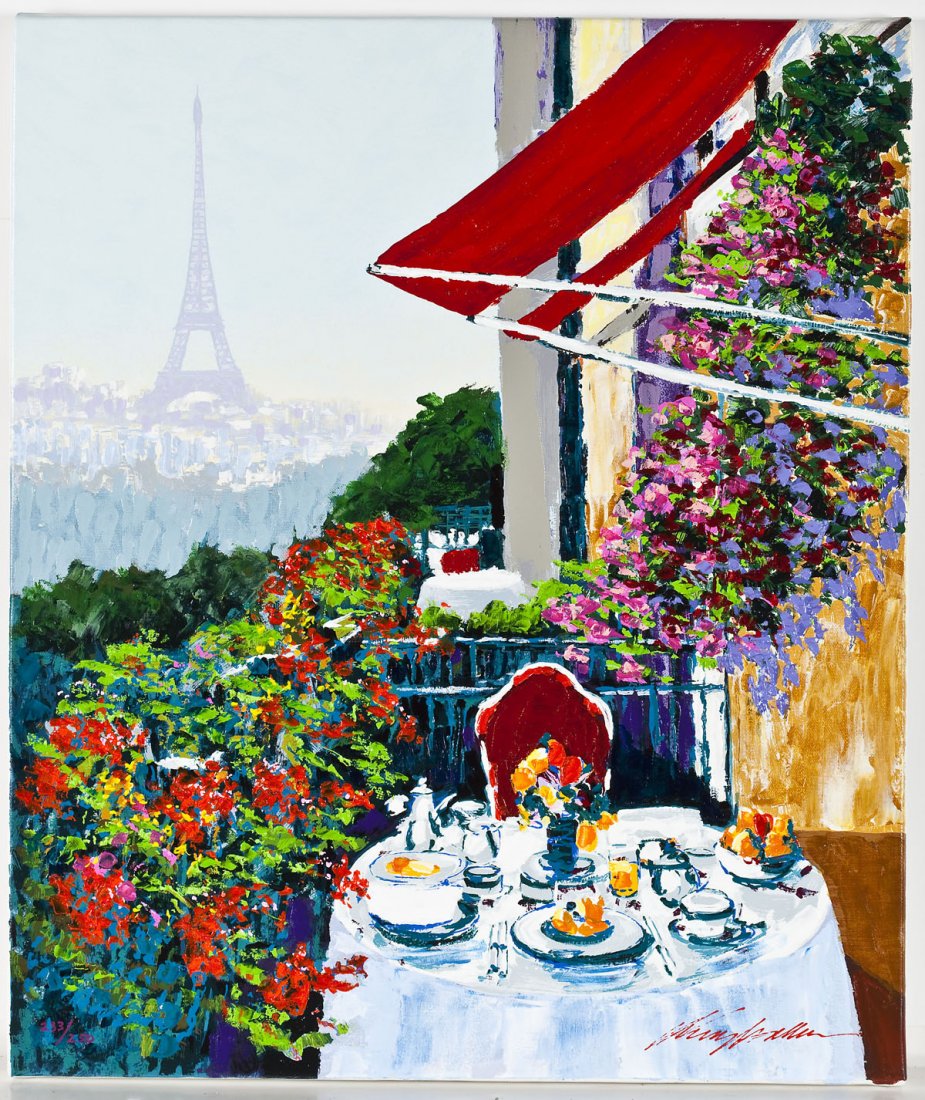Kerry Hallam (British, B. 1937): Kerry Hallam (British, B. 1937). Paris Sunrise. Serigraph on canvas. Signed, lower right and numbered 233/250, lower left. Hallam was born in Chesterfield, north east Derbyshire, where he sold his fir