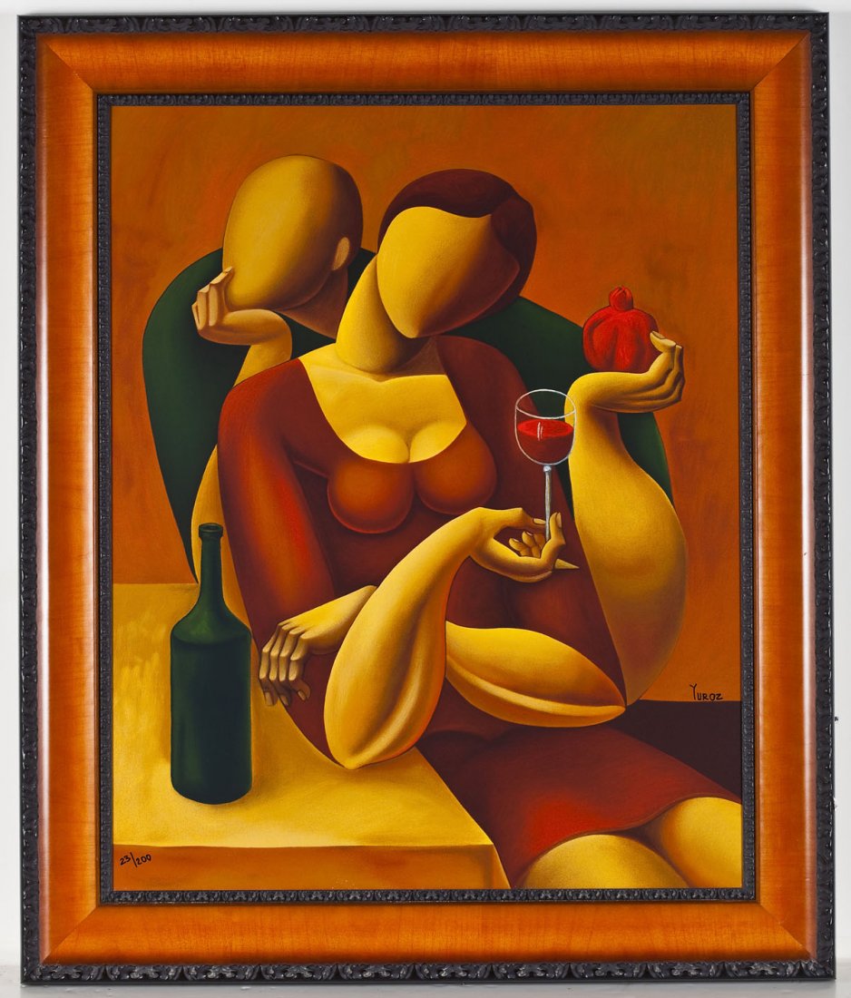 Yuroz (Armenian, B. 1956): Yuroz (Armenian, B. 1956). Taste My Wine. Serigraph on canvas. Signed, lower right and numbered 23/200, lower left. Born in Soviet Armenia in 1956, Yuroz was only ten years old when he entered the ren