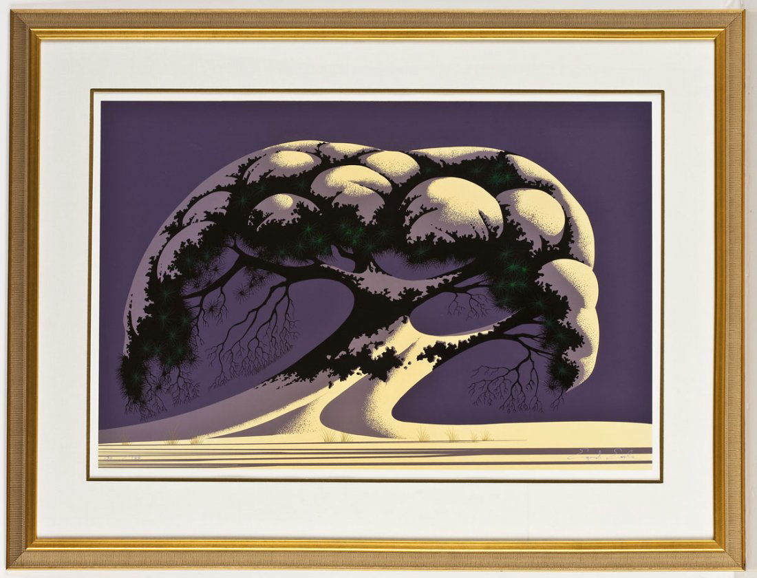 Eyvind Earle (American, 1916-2000): Eyvind Earle (American, 1916-2000). Snow Tree. 1995. Serigraph on white wove paper. Signed, lower right and numbered 130/188, lower left. Born in New York in 1916, Eyvind Earle began his artistic care