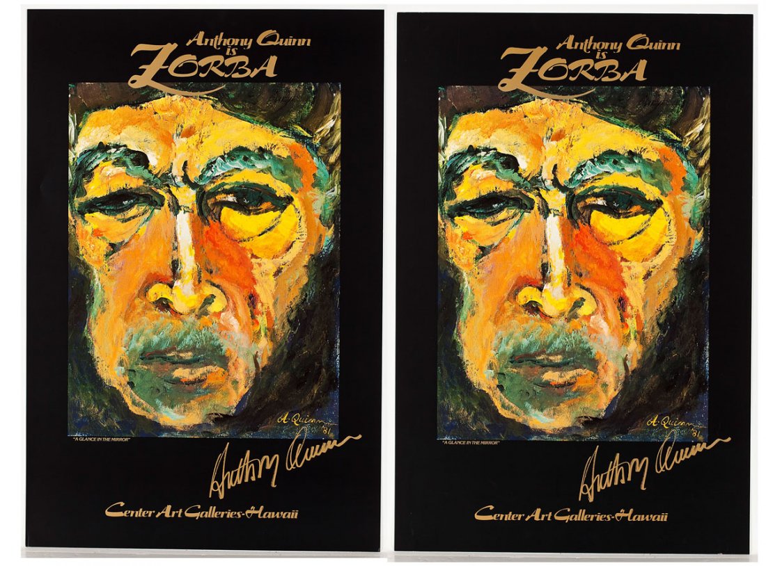 Antonio Rodolfo Quinn-Oaxaca (1915-2001): Two exhibition posters depicting Quinn's painting entitled A Glance in the Mirror. Marked "Anthony Quinn is Zorba," at the top and "Center Art Galleries-Hawaii" with printed signature, lower margin. H