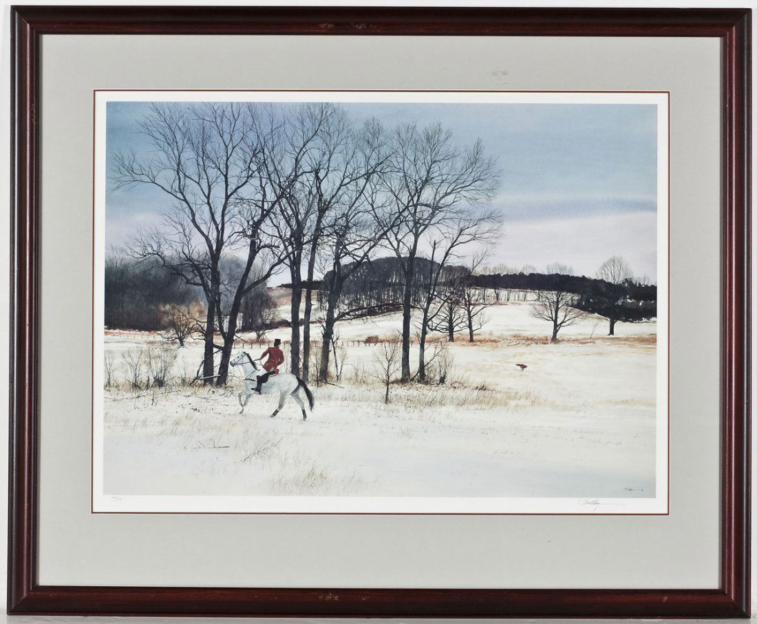 Peter Sculthorpe (Canadian, B. 1948): Peter Sculthorpe (Canadian, B. 1948). Print on white wove paper. Signed, lower right and numbered 462/500, lower left. Depicts a man in red on a white horse chasing a fox. In a gray and red mat with a