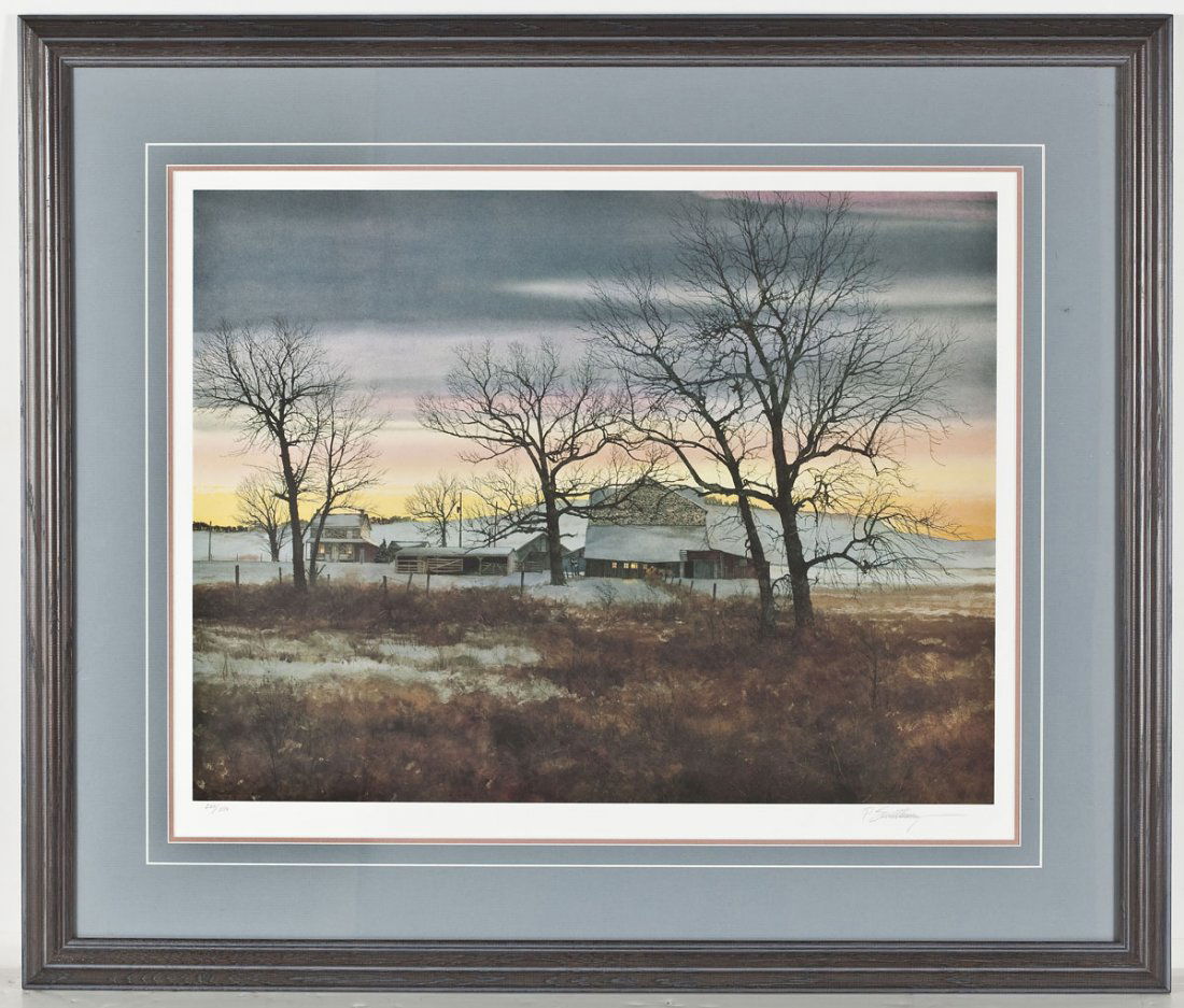 Peter Sculthorpe (Canadian, B. 1948): Peter Sculthorpe (Canadian, B. 1948). Print on white wove paper. Signed, lower right and numbered 260/550, lower left. Depicts a farm house with trees in the foreground. In a blue/gray and pink mat wi