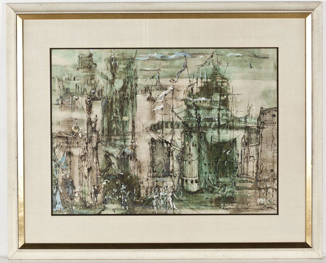 Daniel Louradour (French, 1930-2007): Daniel Louradour (French, 1930-2007). Carnival in Venice. Print on paper. In a silk mat with a white and gold leaf frame and glazed. Louradour was born in Nanterre, France and attended the Ecole Natio