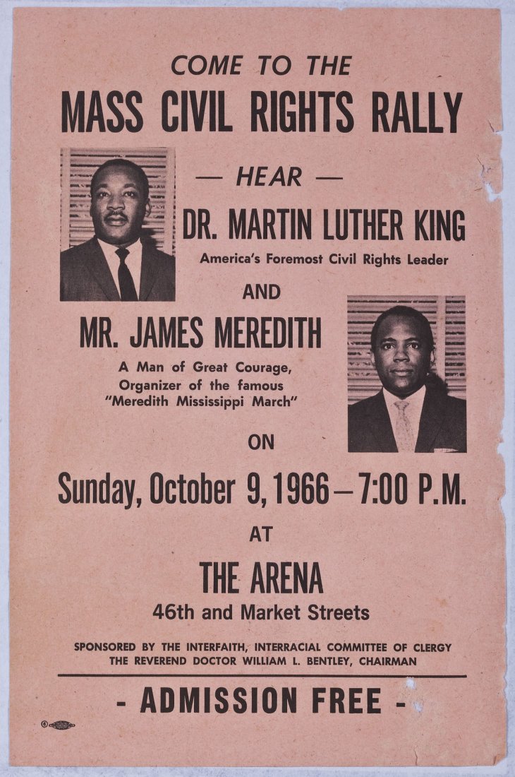 1966 Martin Luther King Civil Rights Rally Flyer: An original Mass Civil Rights Rally flyer featuring Dr. Martin Luther King and James Meredith held October 9, 1966 at the Arena in Philadelphia. On pink paper. MEASUREMENTS: 8-1/2" x 5-1/2".