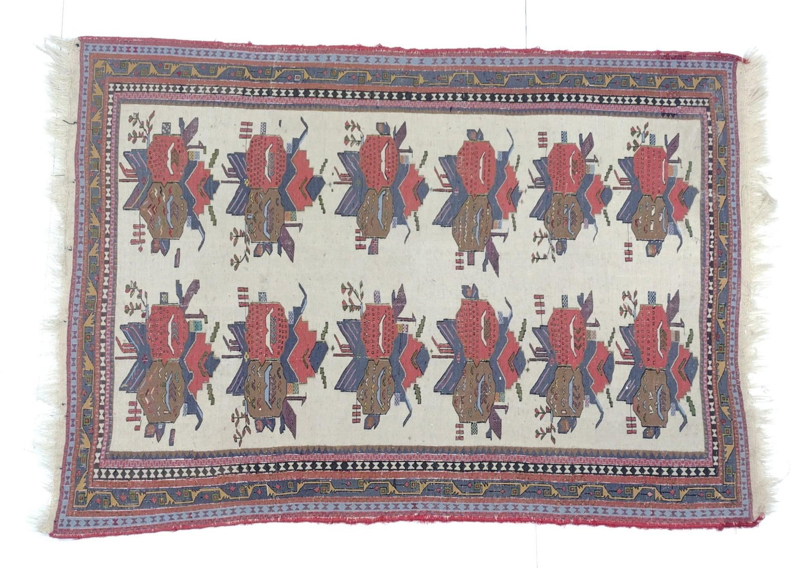 Kilim Area Rug: NOT ELIGIBLE FOR IN-HOUSE SHIPPING. Believed to be Afghan. 5'8" long X 4' wide. PROVENANCE: From the Estate of James L. Stanfield, Veteran National Geographic photographer (1937-2023). Mr. Stanfield w