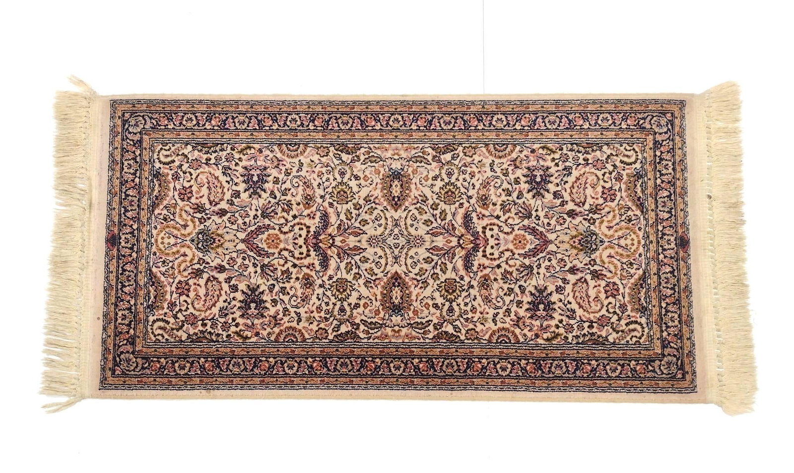 Diamand Scatter Rug: NOT ELIGIBLE FOR IN-HOUSE SHIPPING. Machine made. Circa 1990s. All-over pattern set in a cream field with blue highlights. 4'5" long X 2'2" wide. PROVENANCE: From the Estate of James L. Stanfield, Vet