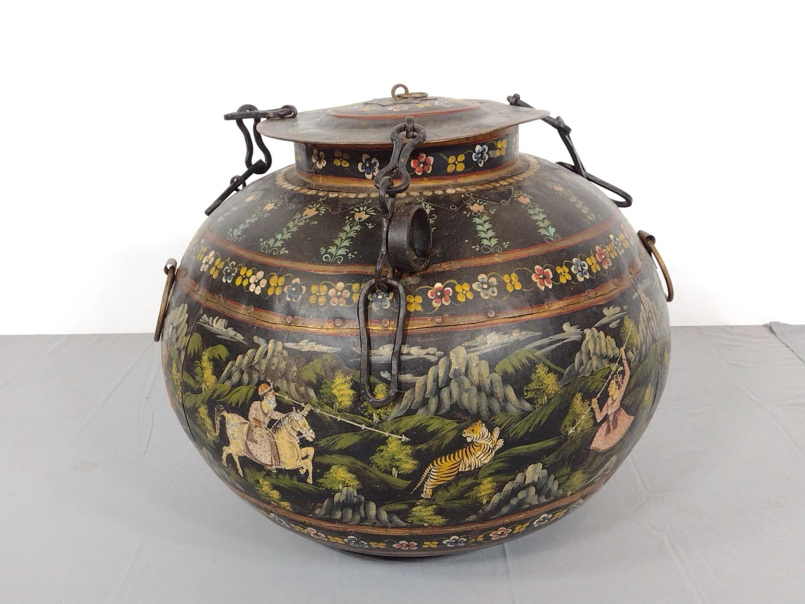 Tole Painted Lidded Vessel: NOT ELIGIBLE FOR IN-HOUSE SHIPPING. 23" diameter X 17" high. Has some paint loss. PROVENANCE: From the Estate of James L. Stanfield, Veteran National Geographic photographer (1937-2023). Mr. Stanfield