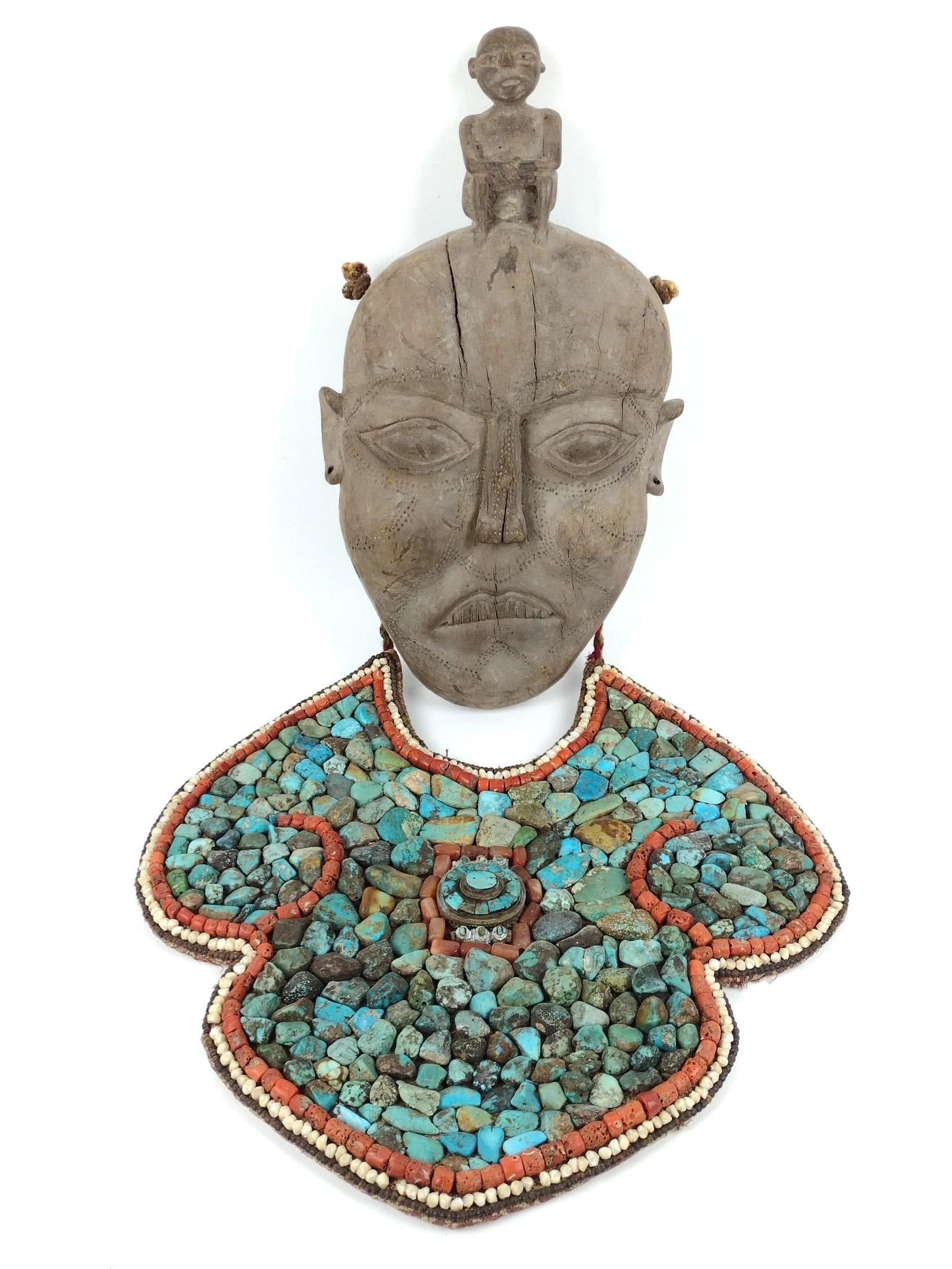 African Carved Tribal Mask with Turquoise and Coral Breastplate (1 of 7)