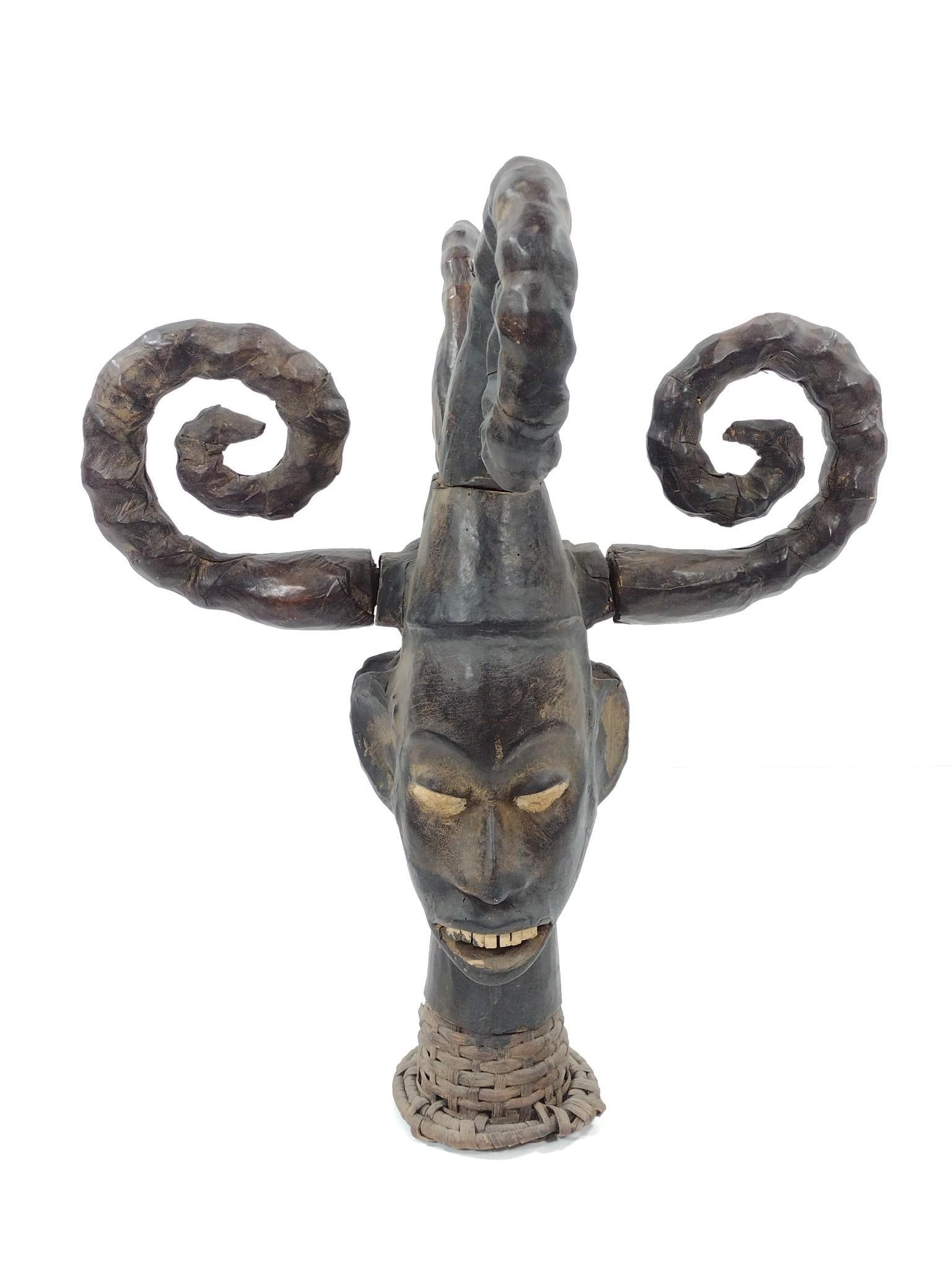 African Ekoi Dance Ceremony Headdress: NOT ELIGIBLE FOR IN-HOUSE SHIPPING. Kenya. 21-1/2" wide x 20-1/2" deep x 26" high. Some losses, cracks and wear consistent with age and use. PROVENANCE: From the Estate of James L. Stanfield, Veteran 