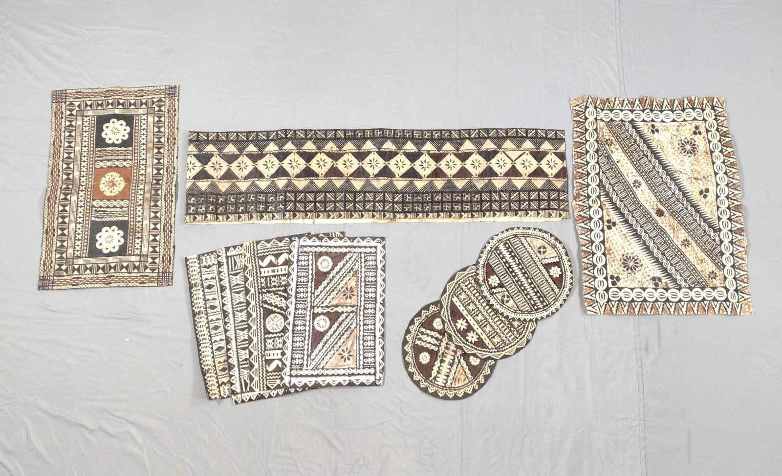 10 Tapa Cloth Fragments: Smallest: 11-3/4" diameter. Largest: 12-1/2" wide x 97-1/2" long. PROVENANCE: From the Estate of James L. Stanfield, Veteran National Geographic photographer (1937-2023). Mr. Stanfield was one of the 