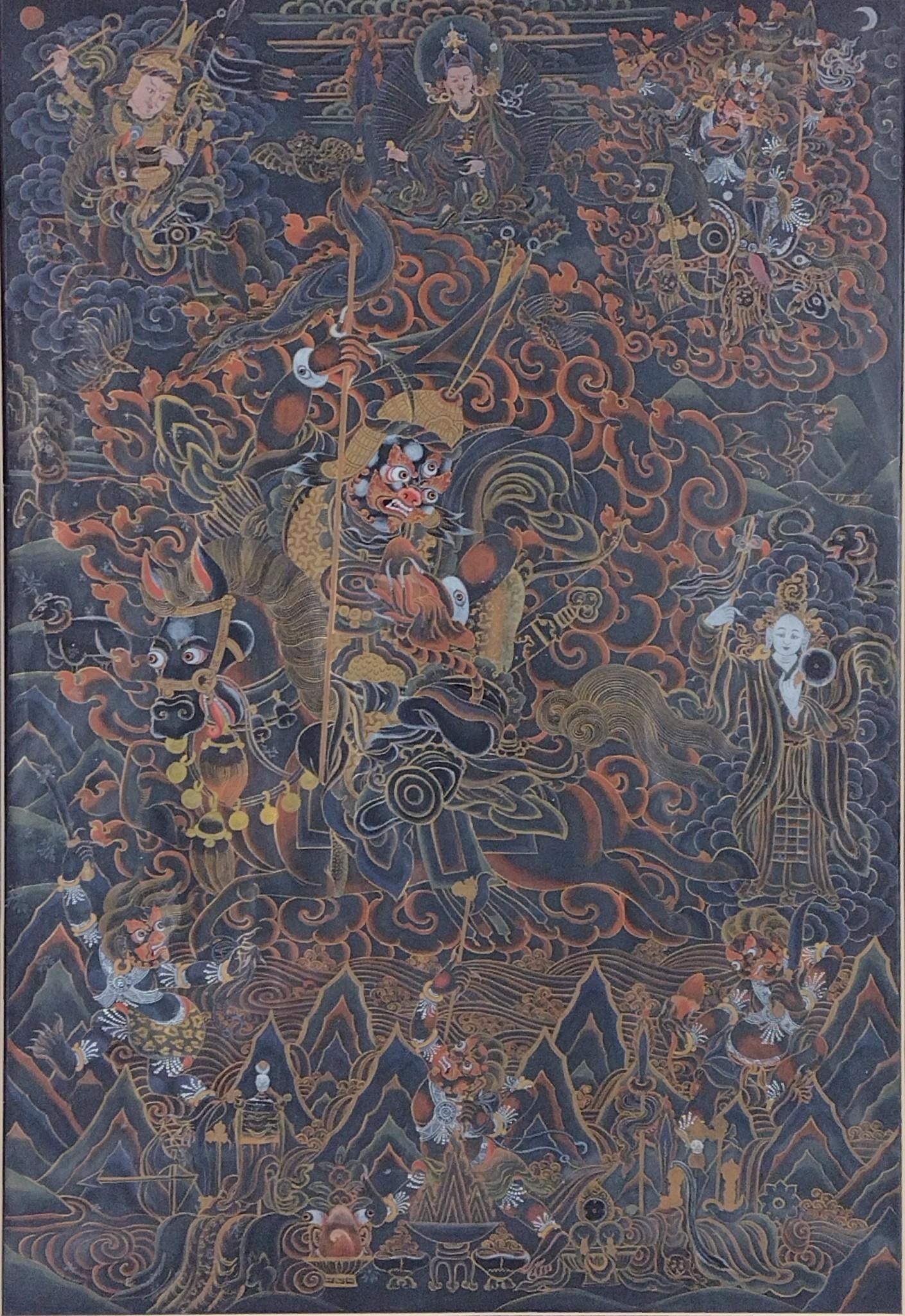 Tibetan Thanka Painting on Fabric: NOT ELIGIBLE FOR IN-HOUSE SHIPPING. Sight: 30" high x 21" wide. Overall with frame: 36-1/4" high x 26" wide. Minor wear to frame. PROVENANCE: From the Estate of James L. Stanfield, Veteran National Ge