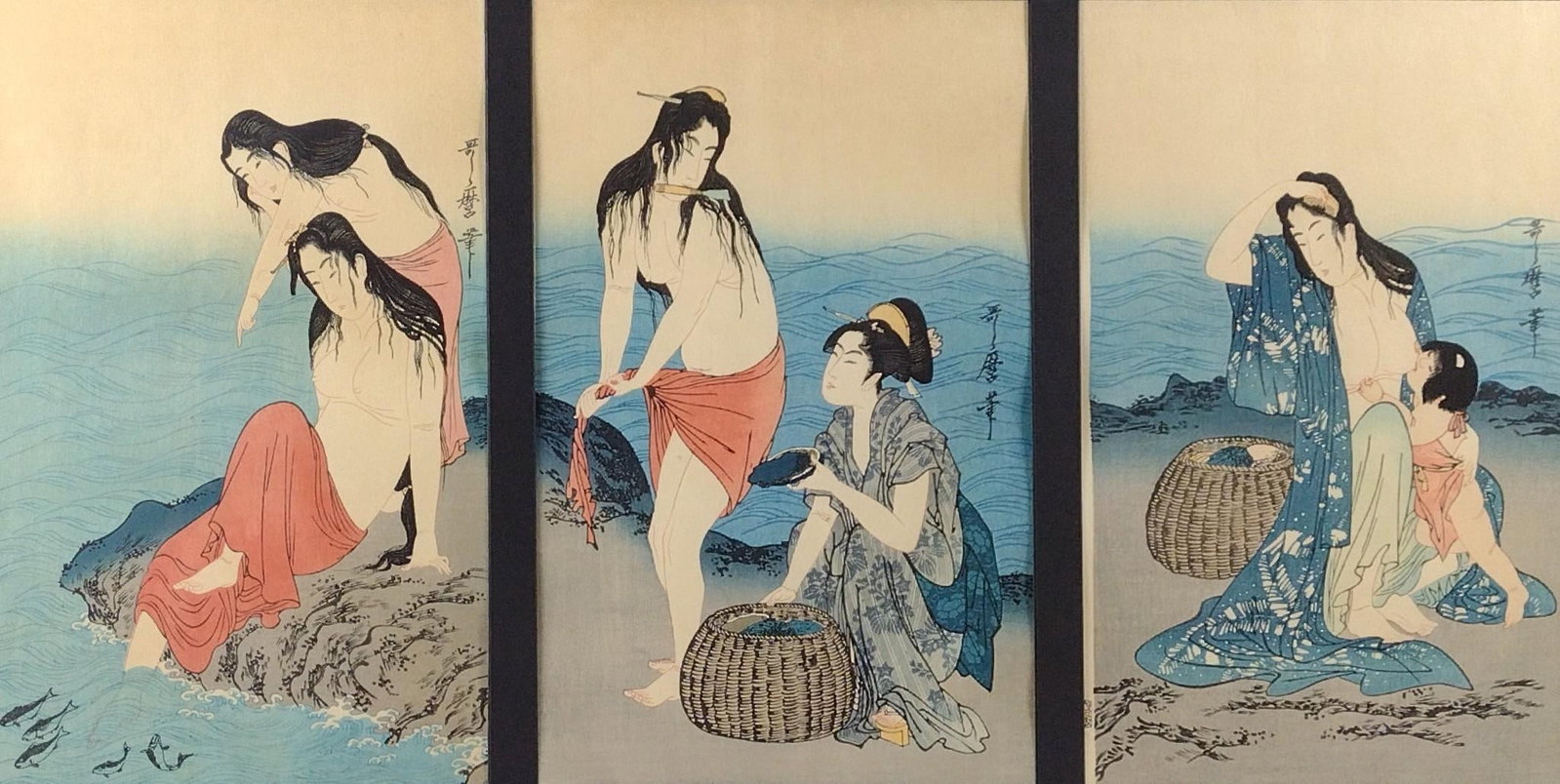 Japanese Kitagawa Utamaro Triptych Woodblocks: NOT ELIGIBLE FOR IN-HOUSE SHIPPING. Kitagawa Utamaro (Japanese, 1753-1806) “Diving for Abalones” Each section 10” wide x 16” high. Overall with frame: 22” high x 37” wi