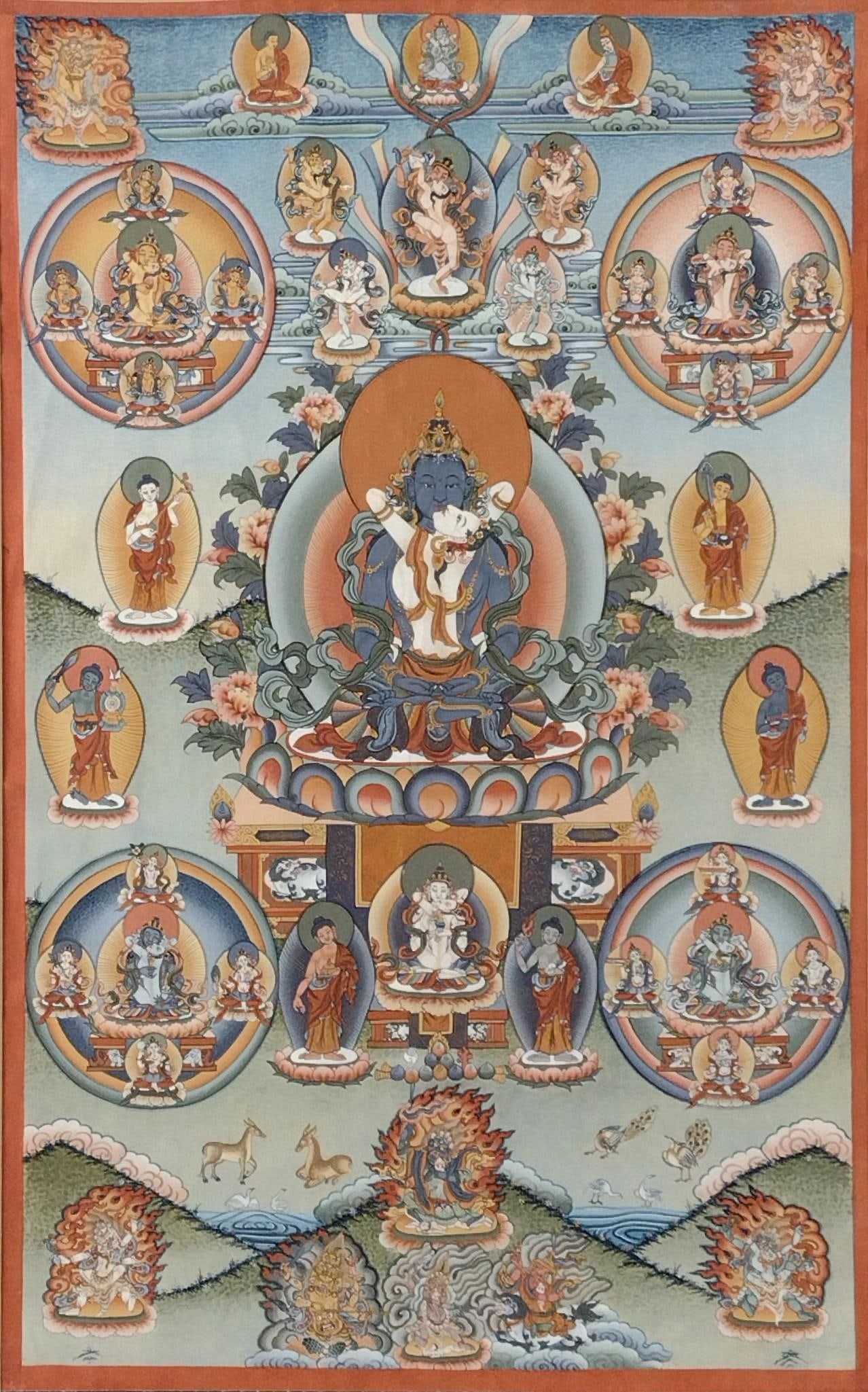 Tibetan Thanka Painting: NOT ELIGIBLE FOR IN-HOUSE SHIPPING. Sight: 27-1/2" high x 18" wide. Overall with frame: 34" high x 23-1/4" wide. Some discoloration to matboard. Some wear to frame. PROVENANCE: From the Estate of Jame