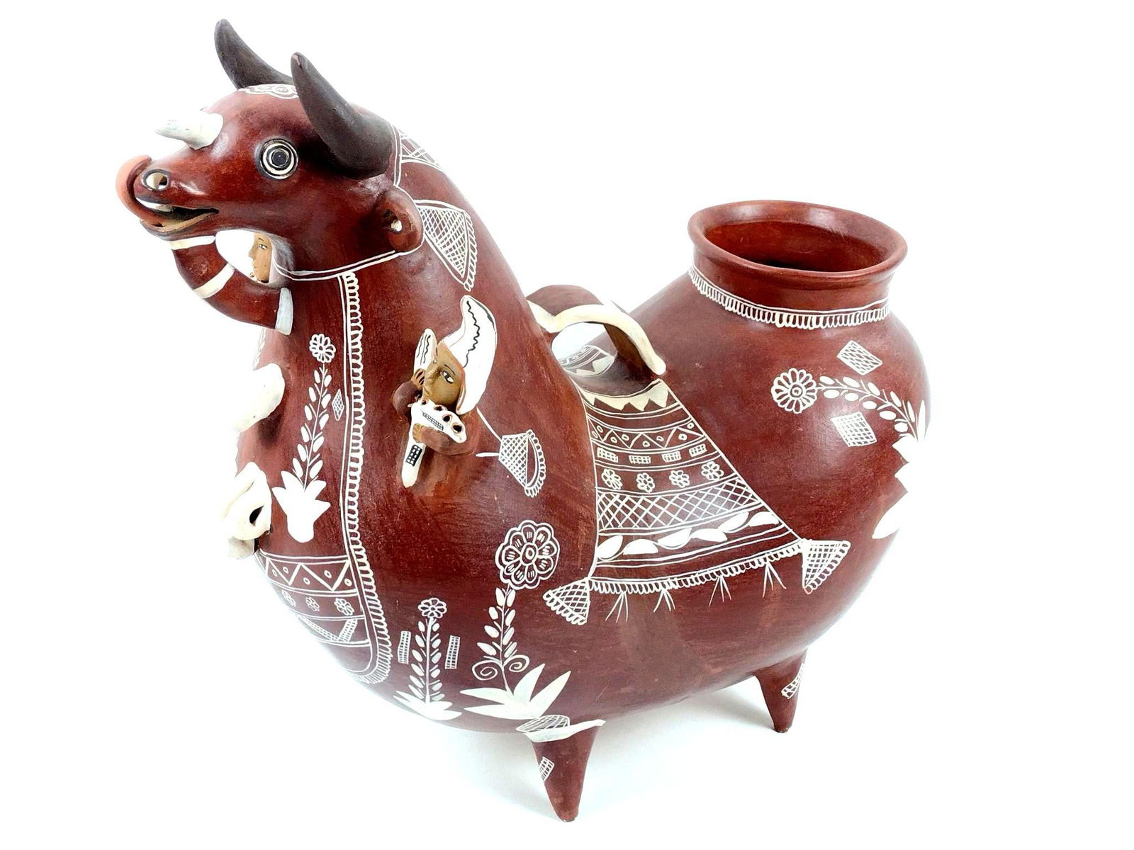 Peruvian Clay Bull: 17" wide x 9-1/2" deep x 17" high. PROVENANCE: From the Estate of James L. Stanfield, Veteran National Geographic photographer (1937-2023). Mr. Stanfield was one of the world's most outstanding and re