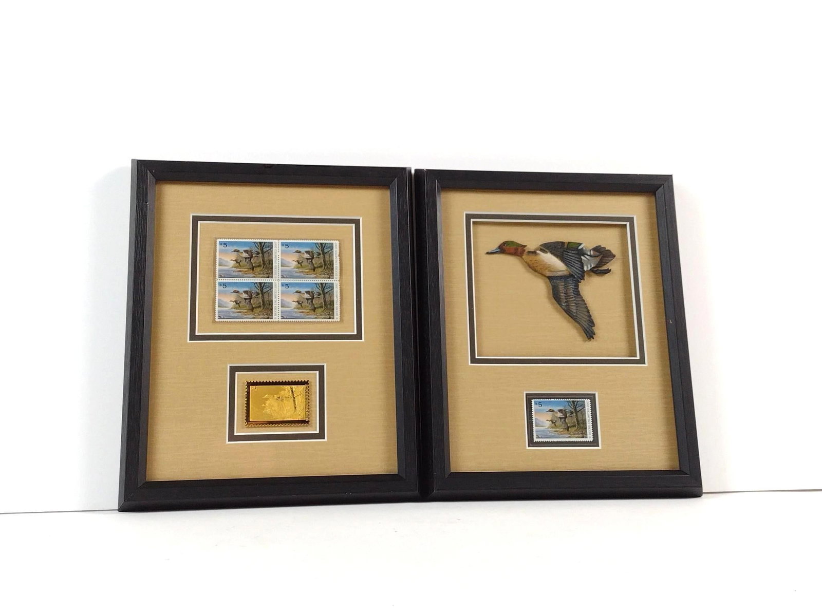 2 Commemorative Ducks Unlimited Stamps incl Golden Replica: Includes 2007 golden replica and 2007 wood carved duck. Overall with frame each 11-1/4" high x 9-1/4" wide. Some wear to frames.