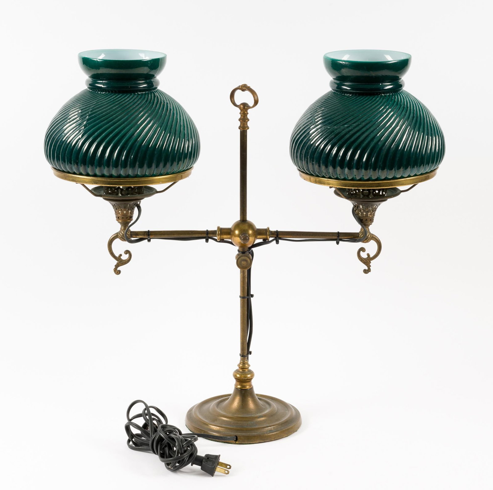 Double Student Lamp: Working. 20" wide x 20" high. Seams from glass making process visible in shades.