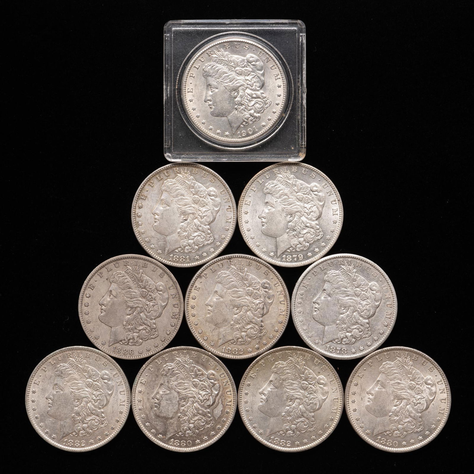 Ten Morgan Silver Dollars Many AU and Uncirculated Includes 1878-CC (1 of 2)