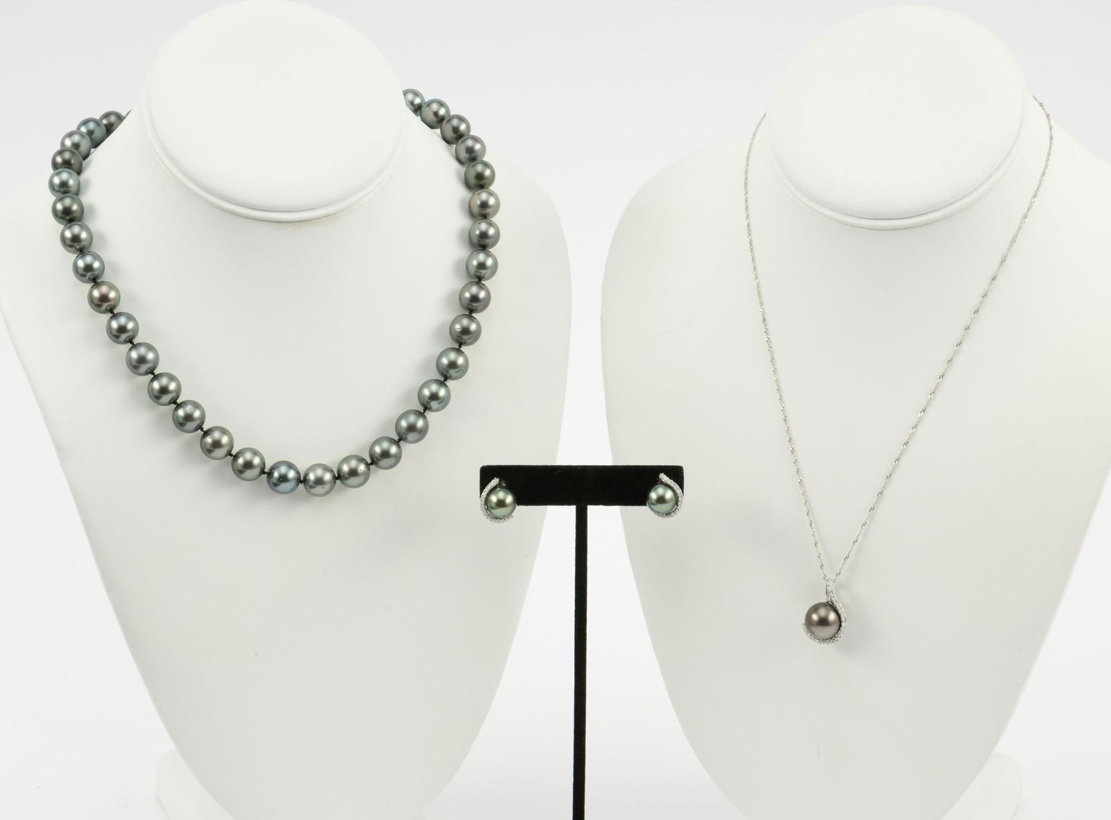 14K White Gold, Tahitian Pearl and Diamond Necklaces & Earrings (1 of 9)