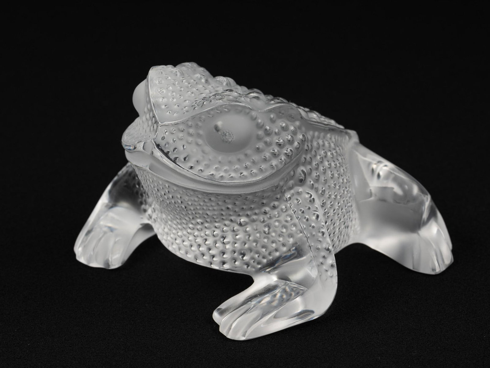 Lalique "Gregoire" Clear Frosted Glass Frog: 4-1/2" wide x 4" deep x 3" high. Small chip under front right hand.