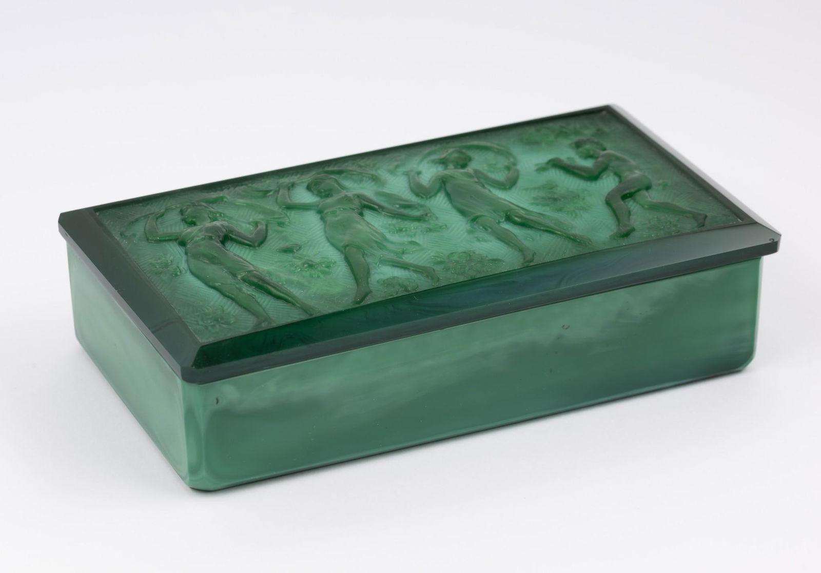 Moser Malachite Art Deco Glass Box: 6-3/4" wide x 3-1/2" deep x 1-3/4" high. Marked "Moser" under base at center.