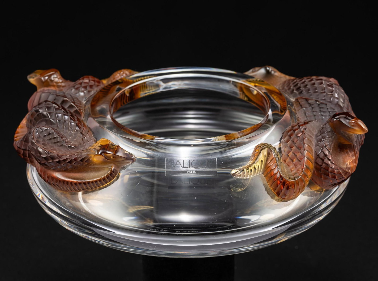 Lalique Serpent Snake Bowl: 9-1/4" diameter x 8" wide x 3" deep.