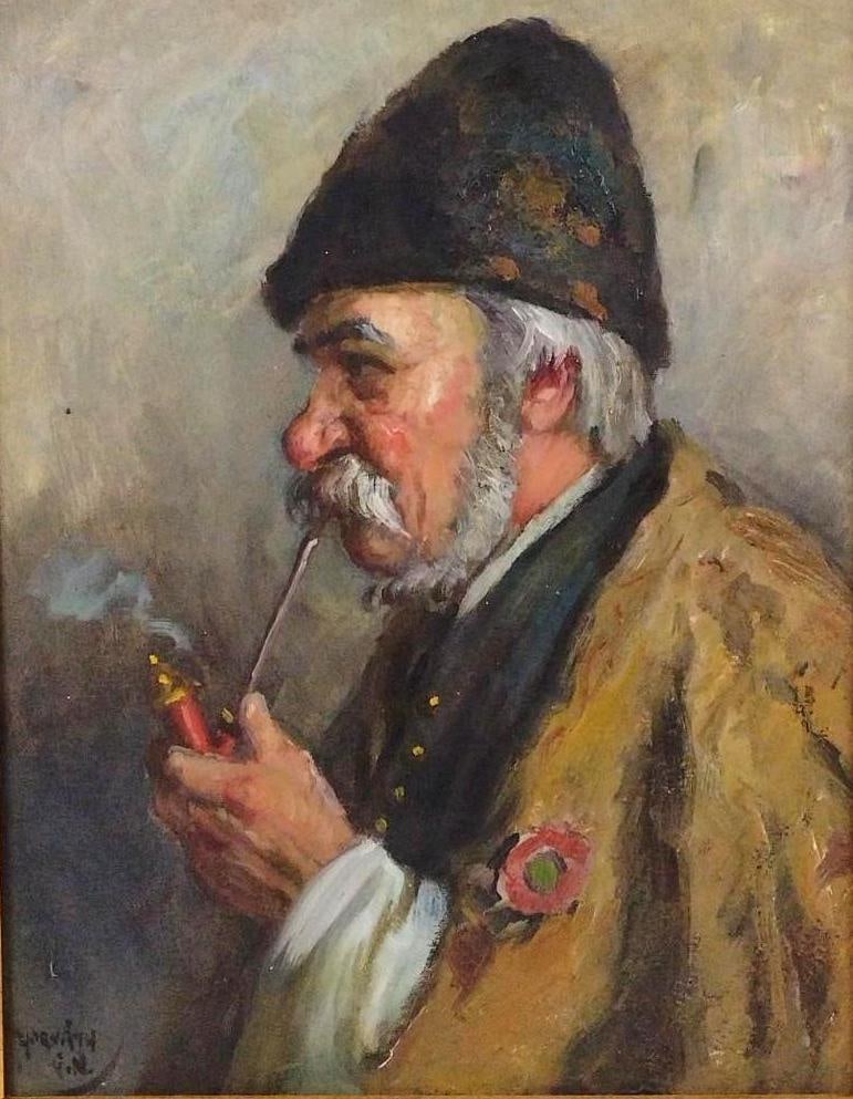 Andor Horvath Man with Pipe Painting: NOT ELIGIBLE FOR IN-HOUSE SHIPPING. Andor G. Horvath (1876 - 1966) was active/lived in Hungary. Andor Horvath is known for Figure, human genre painting. Sight: 19" high x 14-1/2" wide. Overall with fr