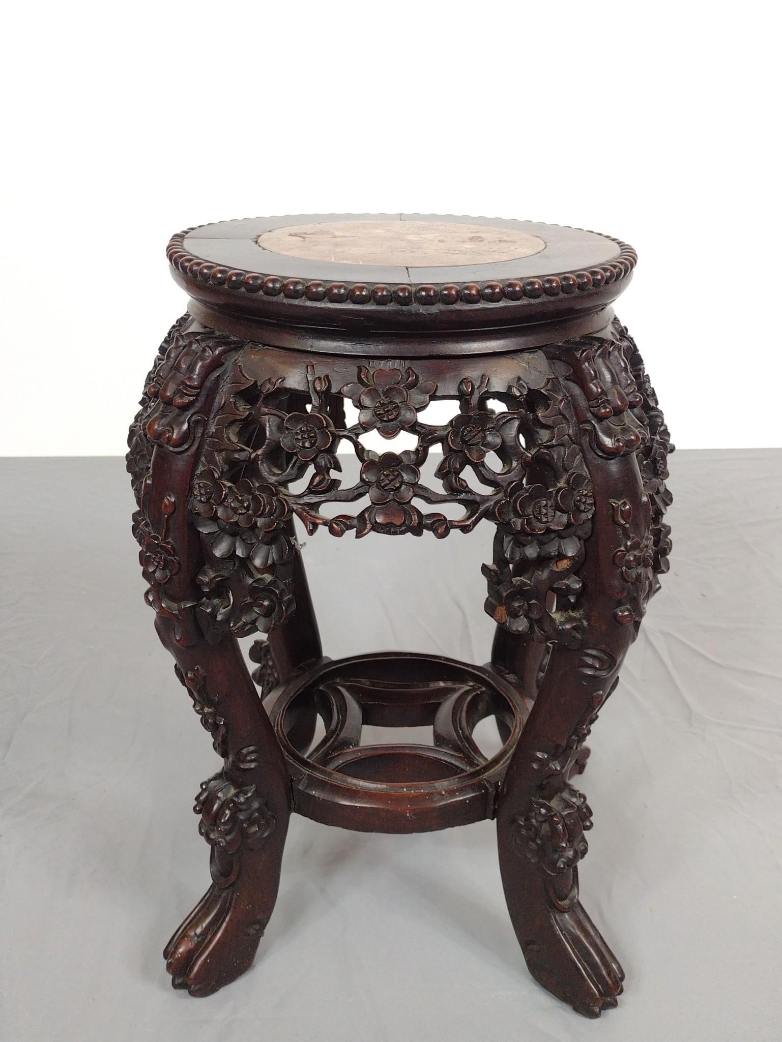 Carved Asian Plant Stand with Rose Marble Top (1 of 5)