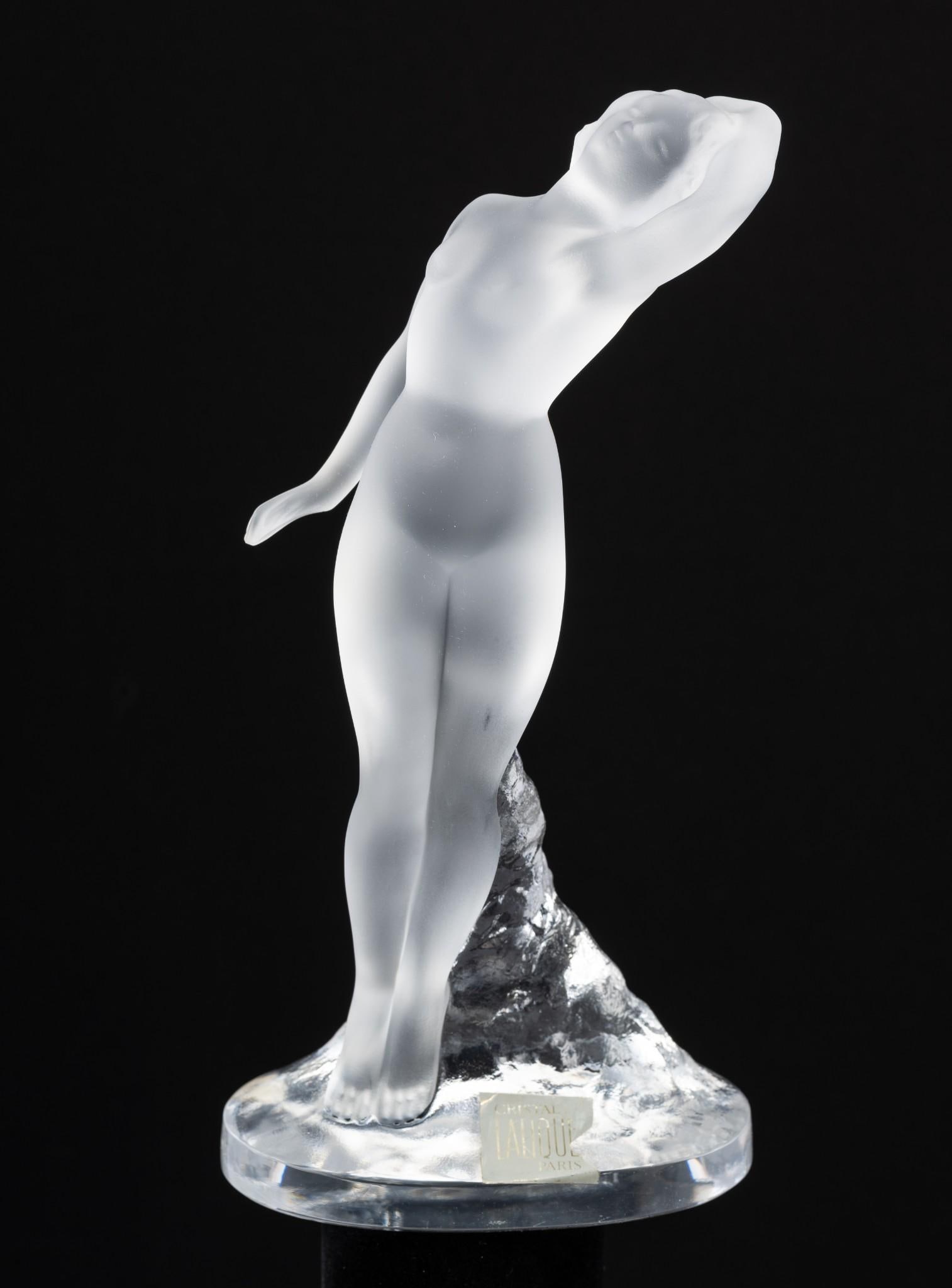Lalique Nude Sculpture: 4-3/4" wide x 3" deep x 9-1/4" high. Some wear and cracking to Lalique sticker.