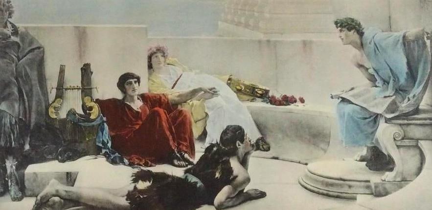 Lawrence Alma-Tadema "A Reading From Homer" Print: NOT ELIGIBLE FOR IN-HOUSE SHIPPING. Sir Lawrence Alma-Tadema (1836 - 1912) was active/lived in United Kingdom, Netherlands. Sir Lawrence Alma Tadema is known for Classical-theme paintings, drawing. Si