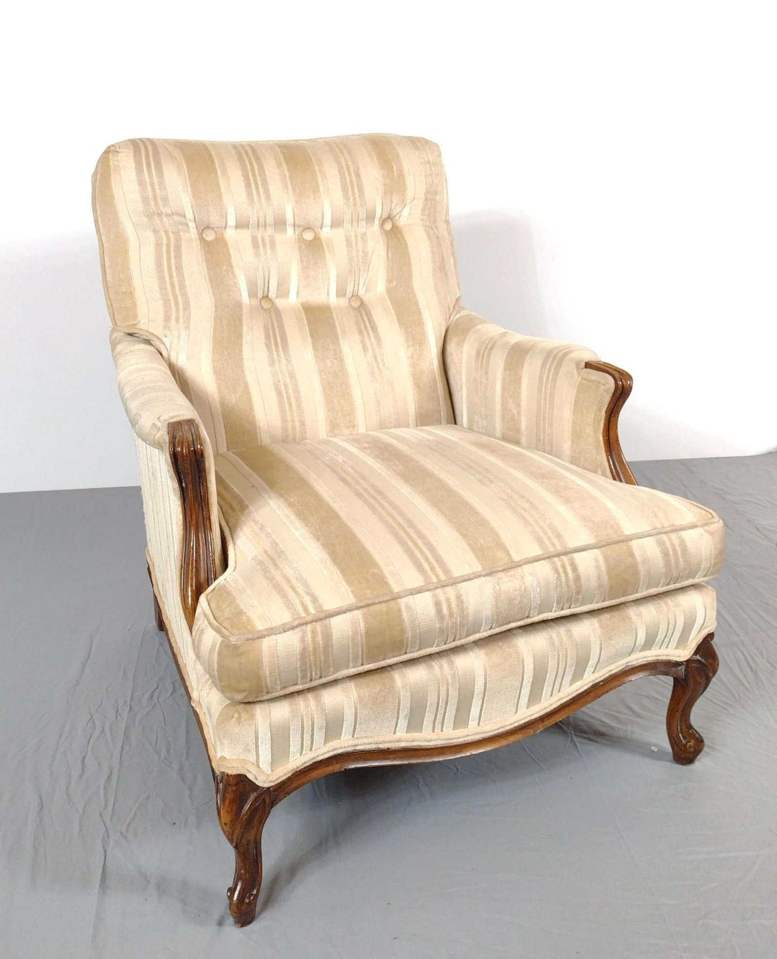 Globe Furniture Arm Chair: NOT ELIGIBLE FOR IN-HOUSE SHIPPING. 29" wide X 29" deep X 34-1/2" high. Has some scratches to upholstery. Also has some sun fading.
