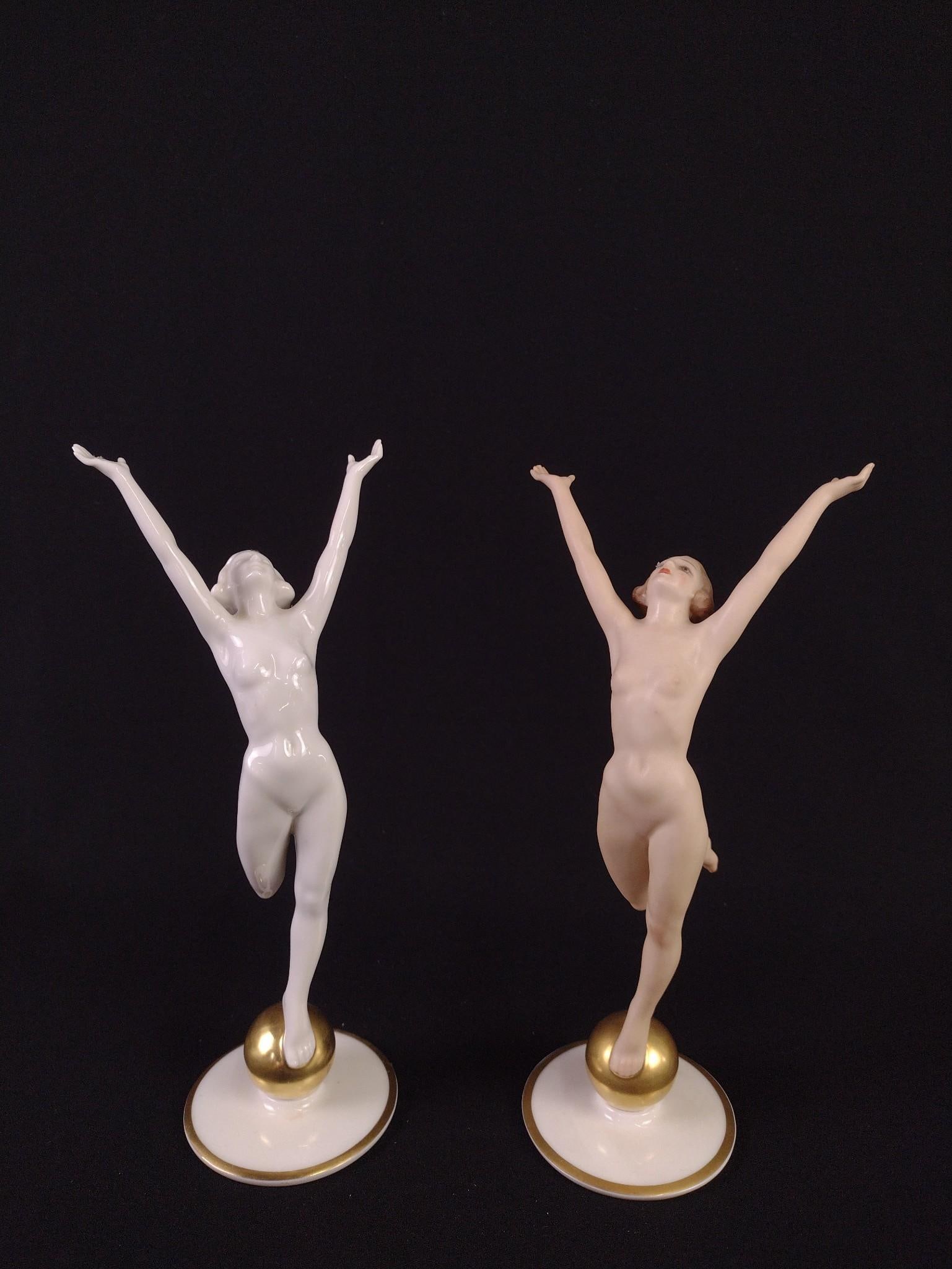 2 Hutchenreuther Art Deco Figurines: 4" wide x 3" deep x 8-3/4" high.