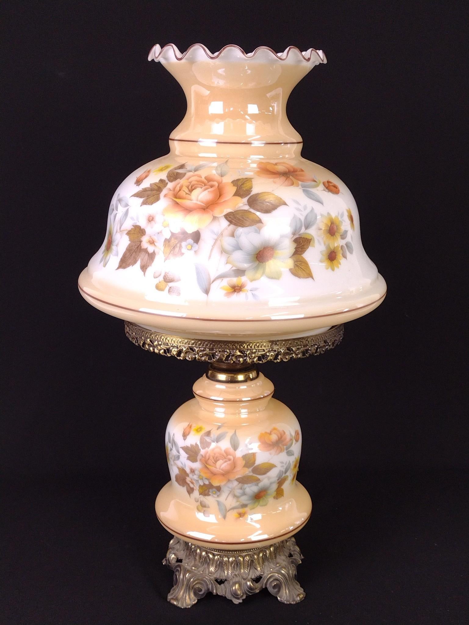 Floral Gone With The Wind Lamp: NOT ELIGIBLE FOR IN-HOUSE SHIPPING. Working. Electrified. Overall: 13-1/2" diameter x 25" high.